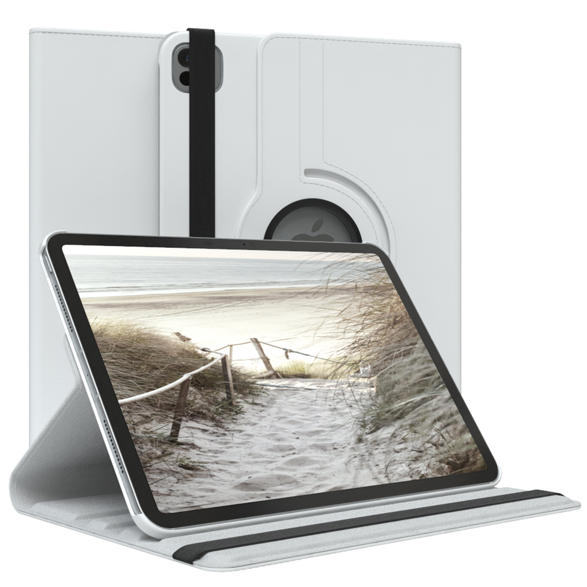 Tablet in weißem Gehäuse. Strandansicht auf dem Bildschirm. Gehäuse faltet sich.
