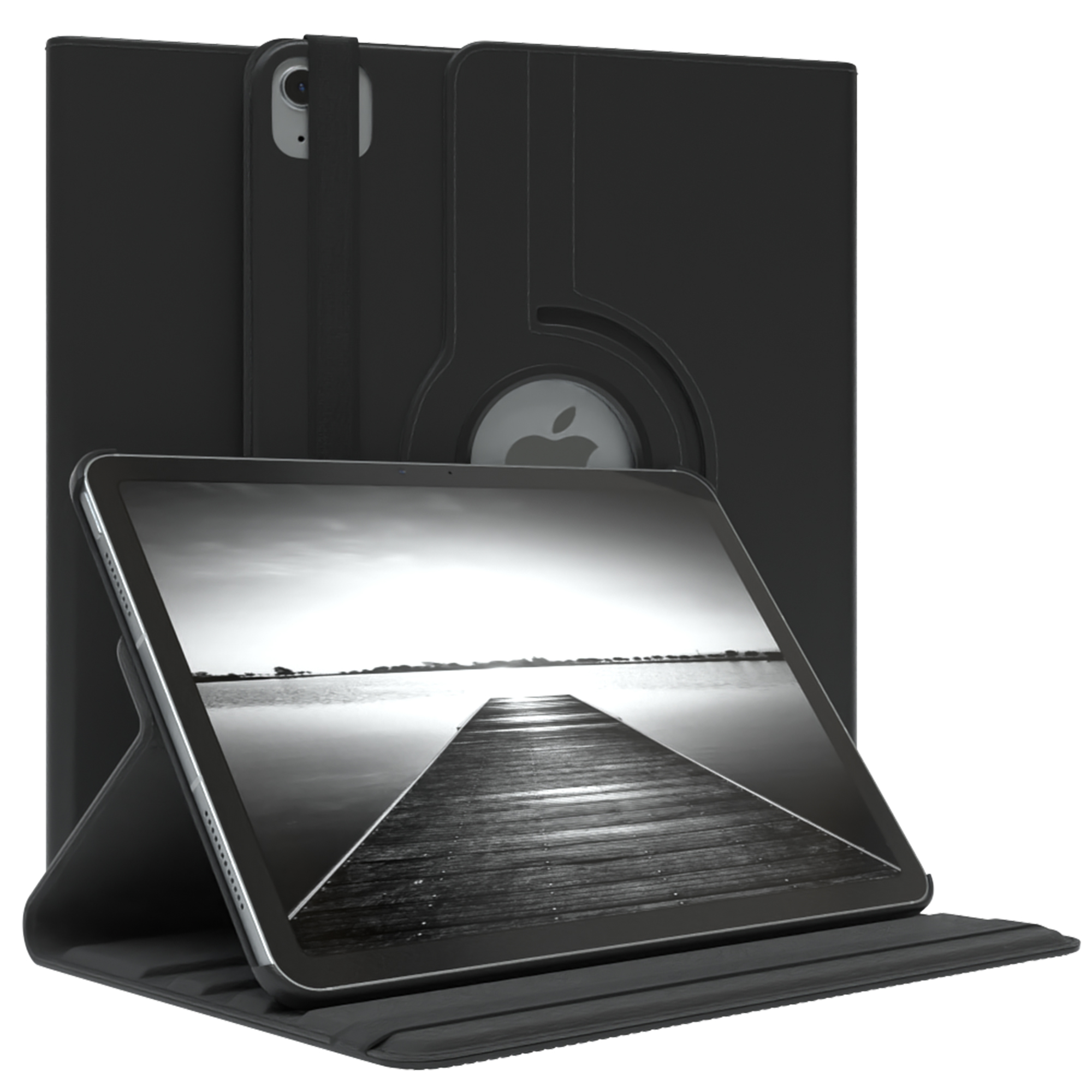 Schwarzes Tablet in schwarzem Gehäuse. Das Tablet zeigt ein Landschaftsbild. Das Gehäuse hat eine Abdeckung.
