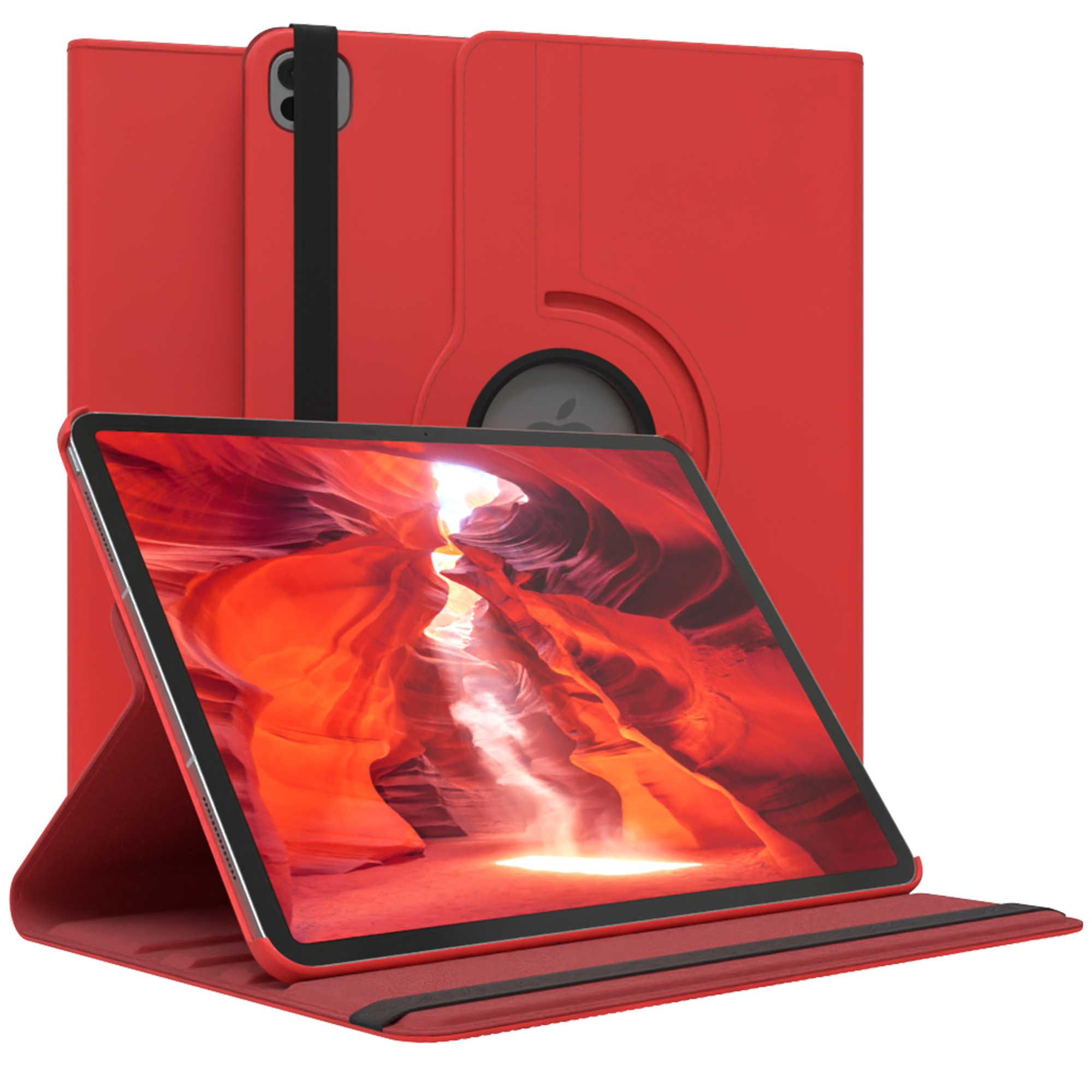 Rote Tablethülle mit einem Tablet darin. Das Tablet zeigt ein Canyon-Bild.