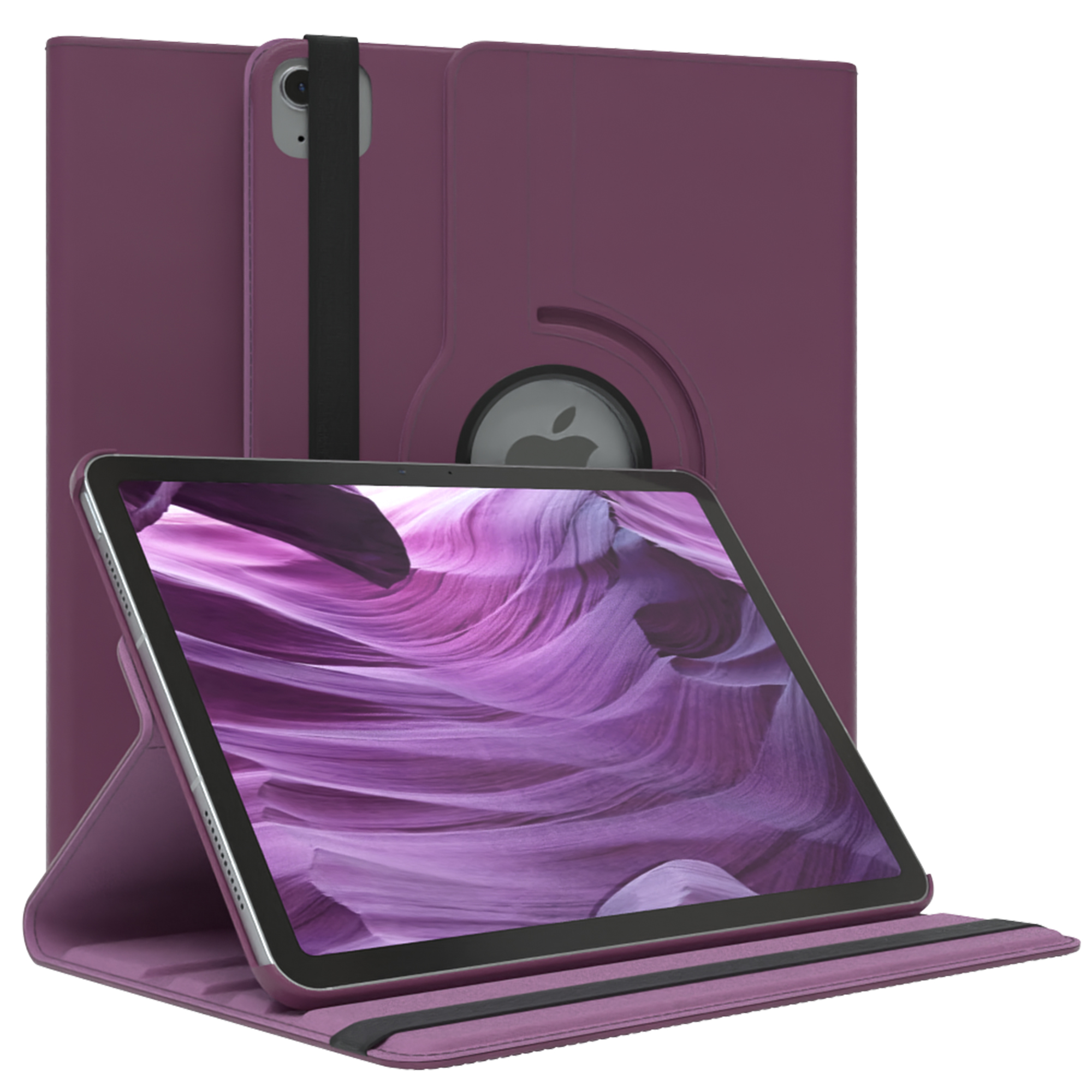 Ein lila Tablet in einer lila Hülle, geöffnet und abgewinkelt, zeigt eine lila Landschaft.