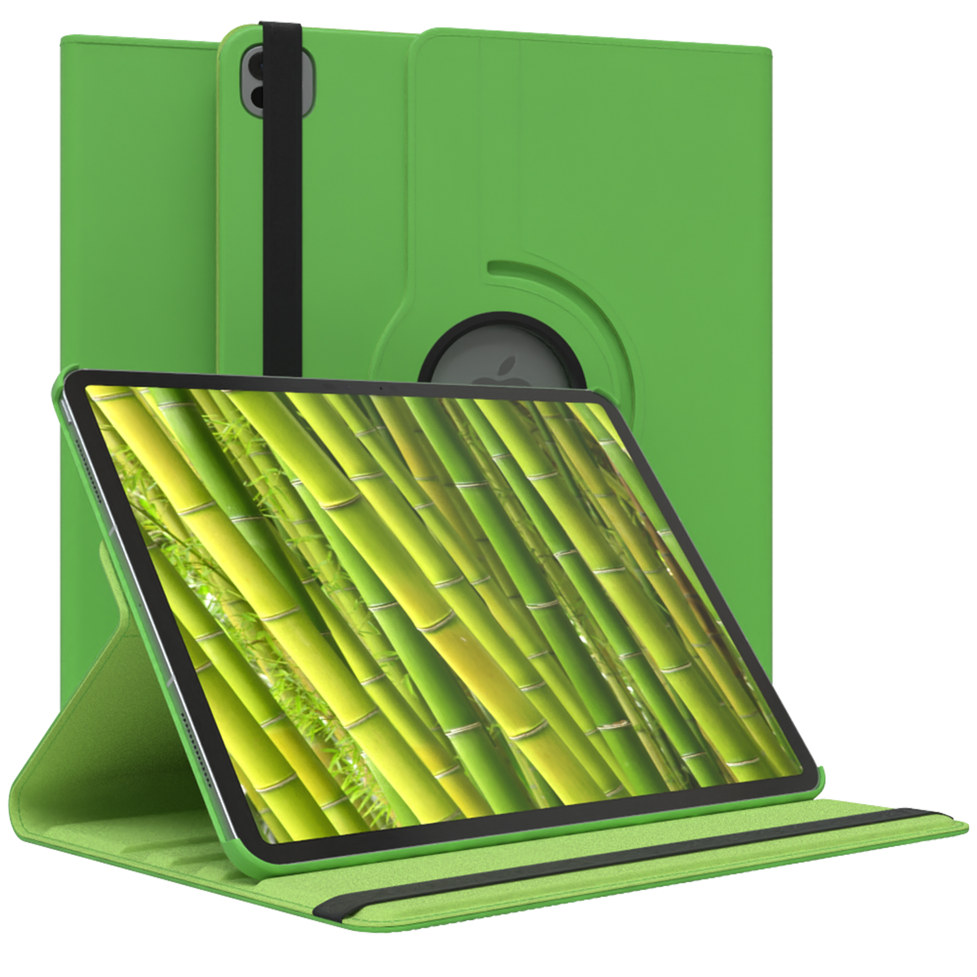 Grüne Tablethülle mit grünem Tablet. Der Bildschirm zeigt Bambus. Schwarzer Riemen.