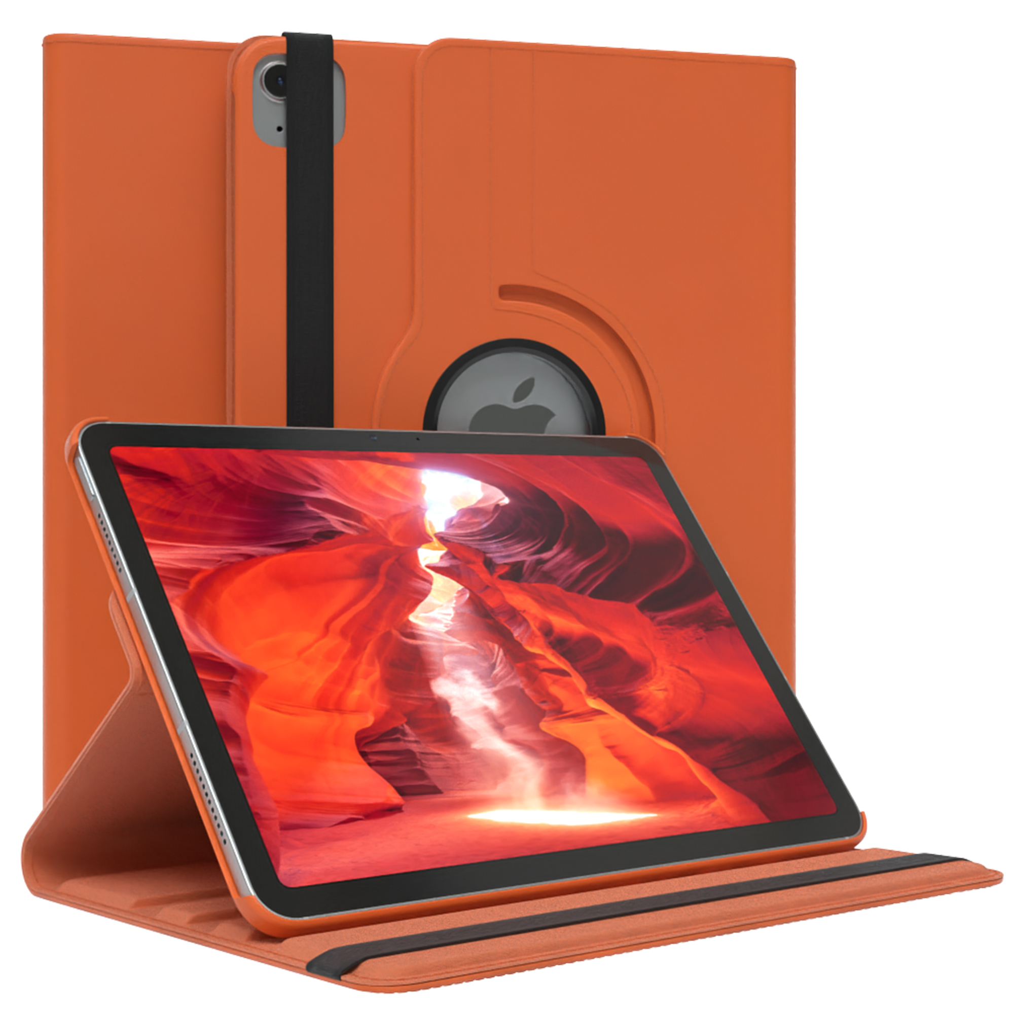 Orange Tablethülle mit geöffnetem Tablet, das eine rot-orange Landschaft zeigt.
