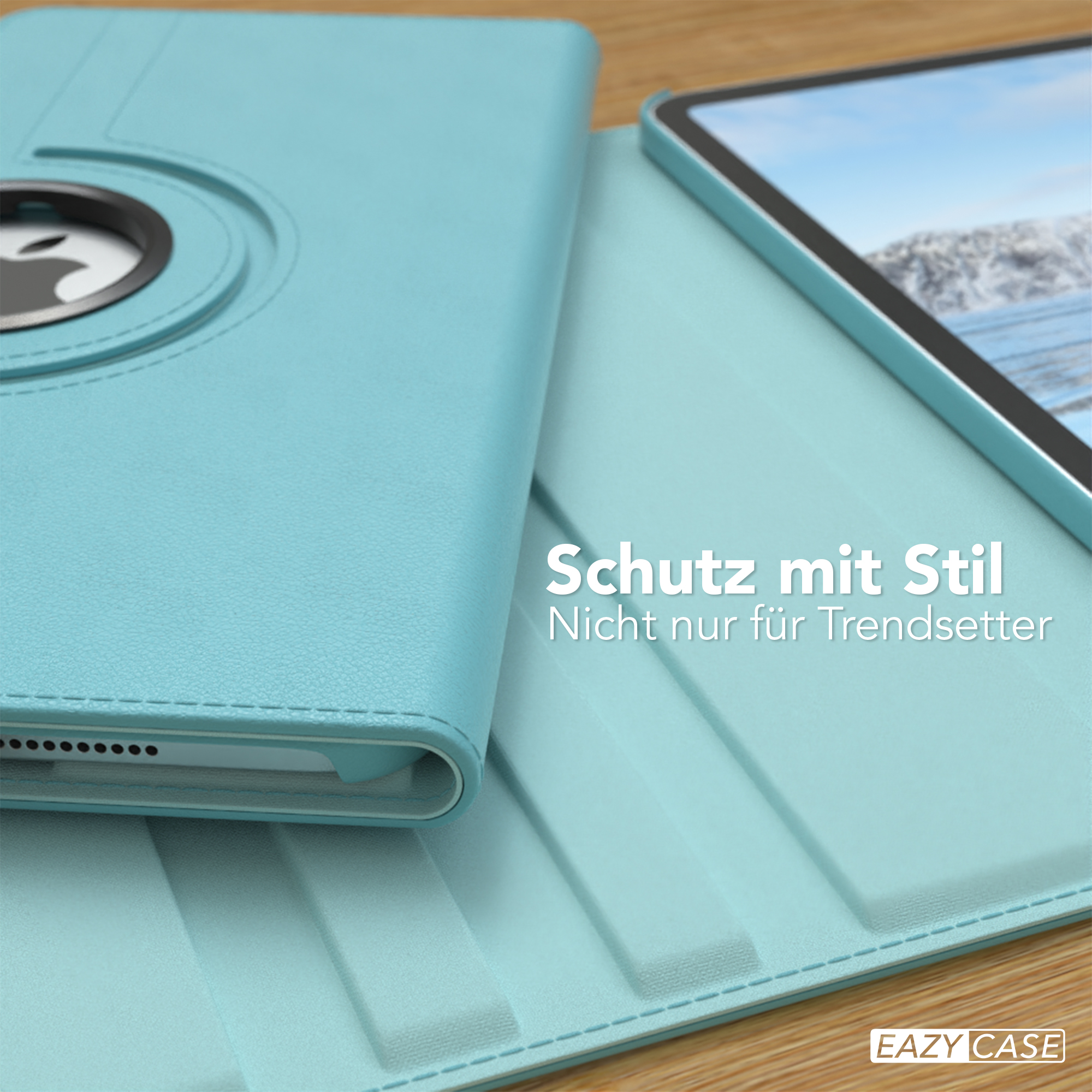 Eine hellblaue Tablet-Hülle mit dem Text „Schutz mit Stil“ und „EAZY CASE“ unten.