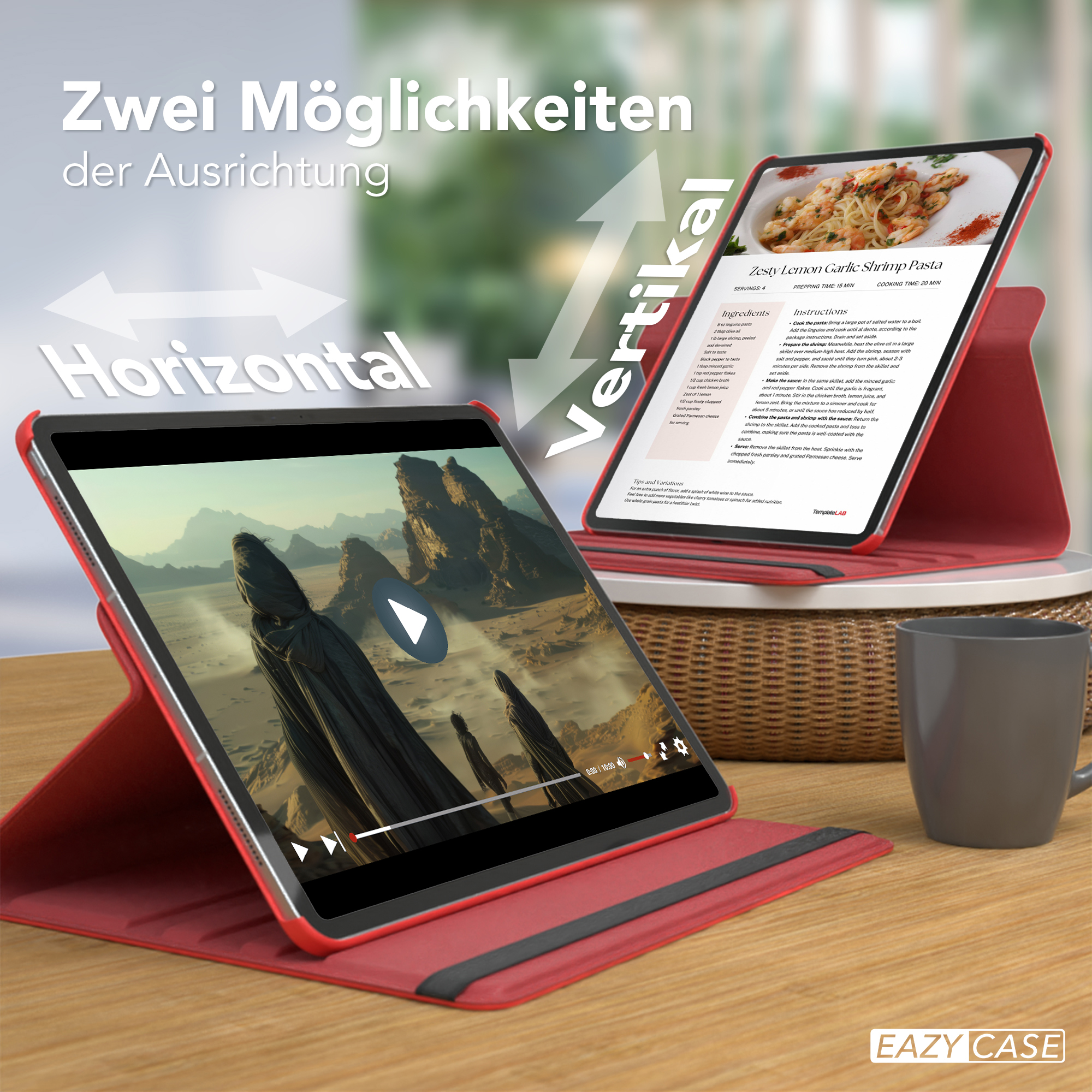 Tablet in rotem Gehäuse, zeigt ein Video und ein Rezept. Es kann vertikal oder horizontal betrachtet werden.