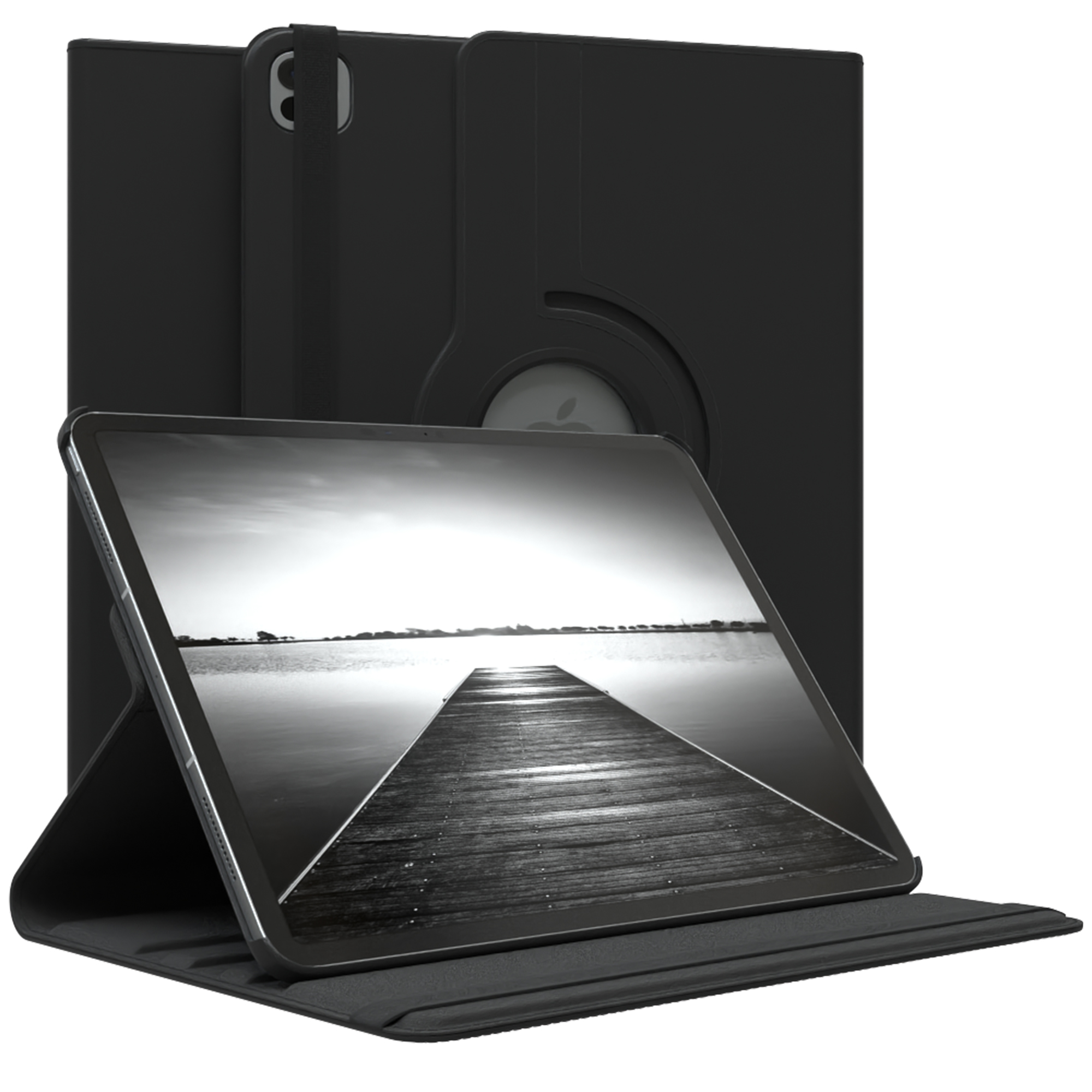 Schwarzes Tablet in einem Gehäuse, geöffnet, um ein Schwarzweißfoto eines Piers anzuzeigen.