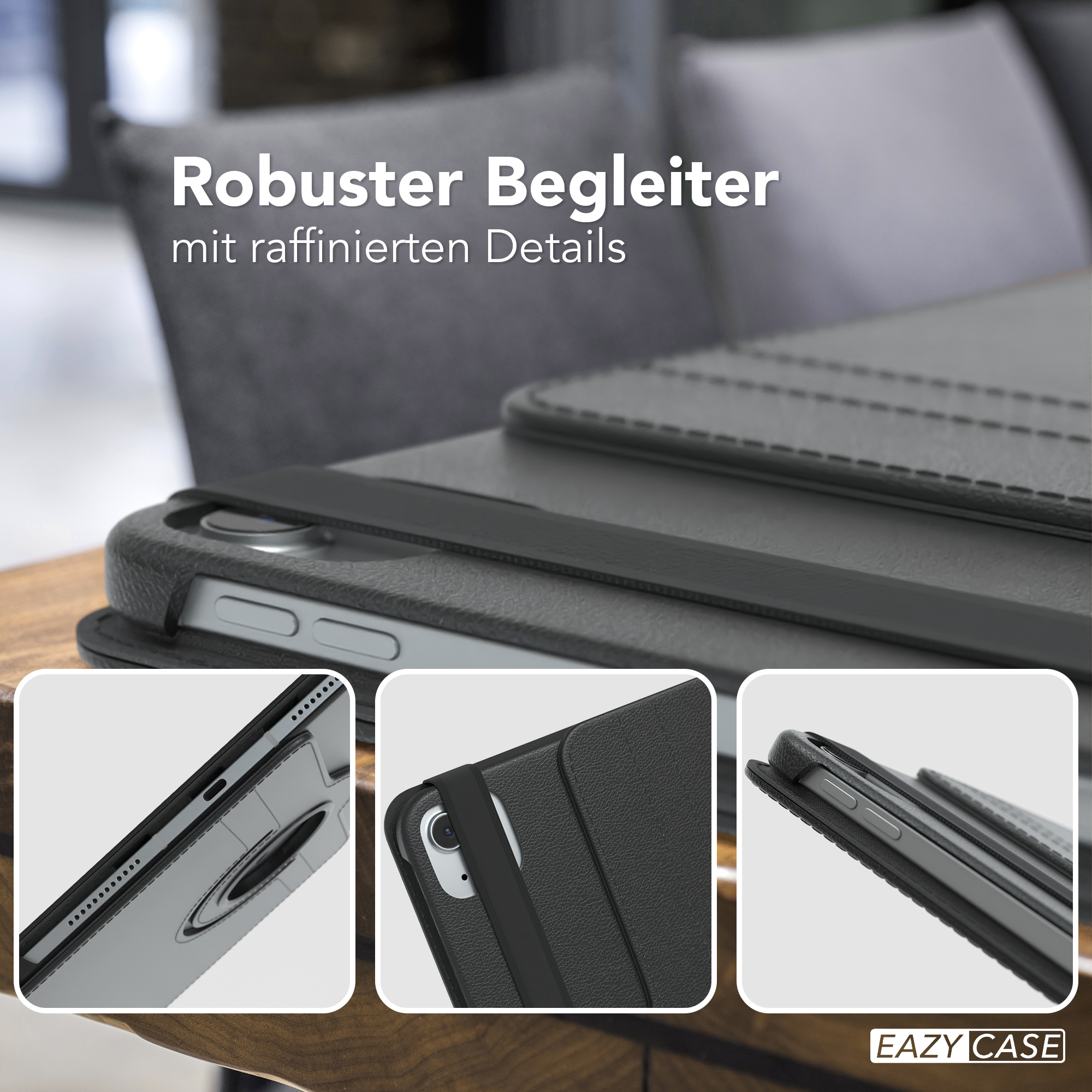Ein iPad in einer grauen Hülle mit drei Detailbildern. Ein Holztisch und eine graue Couch im Hintergrund.