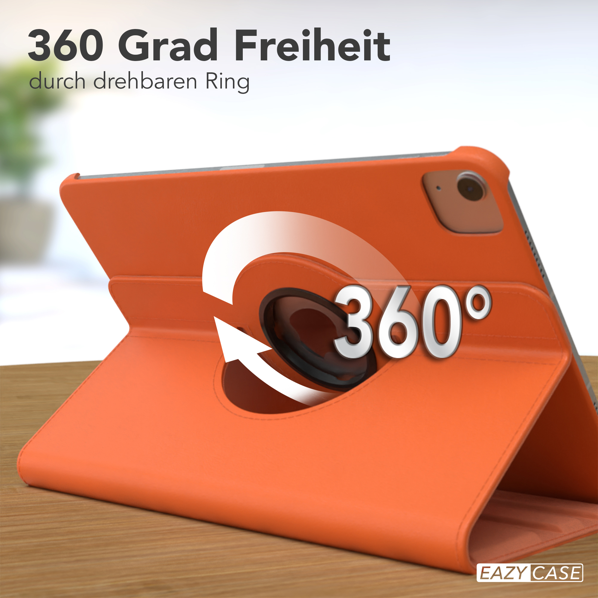 Orangene Tablethülle mit 360°-Drehfunktion, zeigt einen weißen Pfeil.
