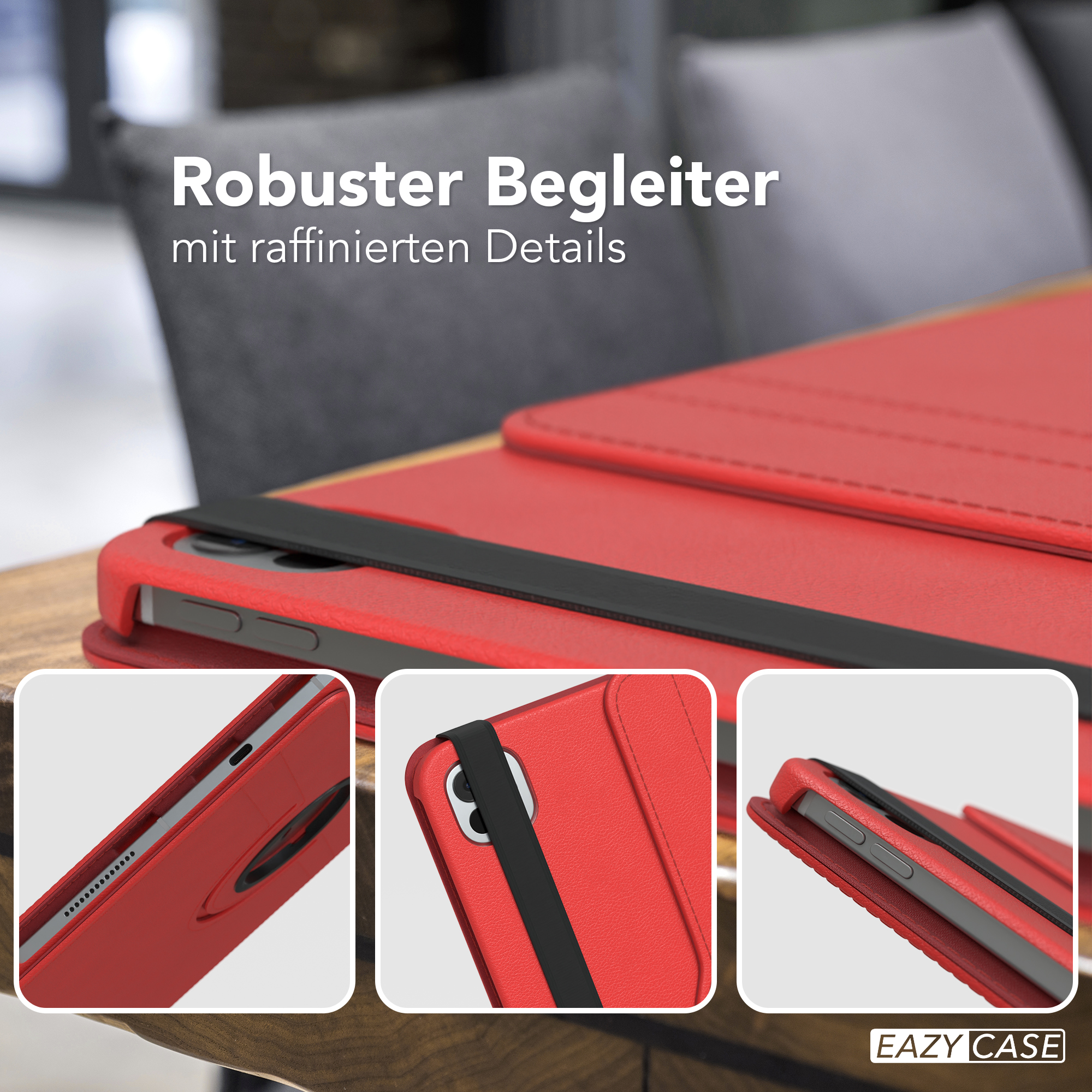 Rote Tablet-Hülle mit schwarzem Riemen und Details, mit Nahaufnahmen, auf einem Tisch.