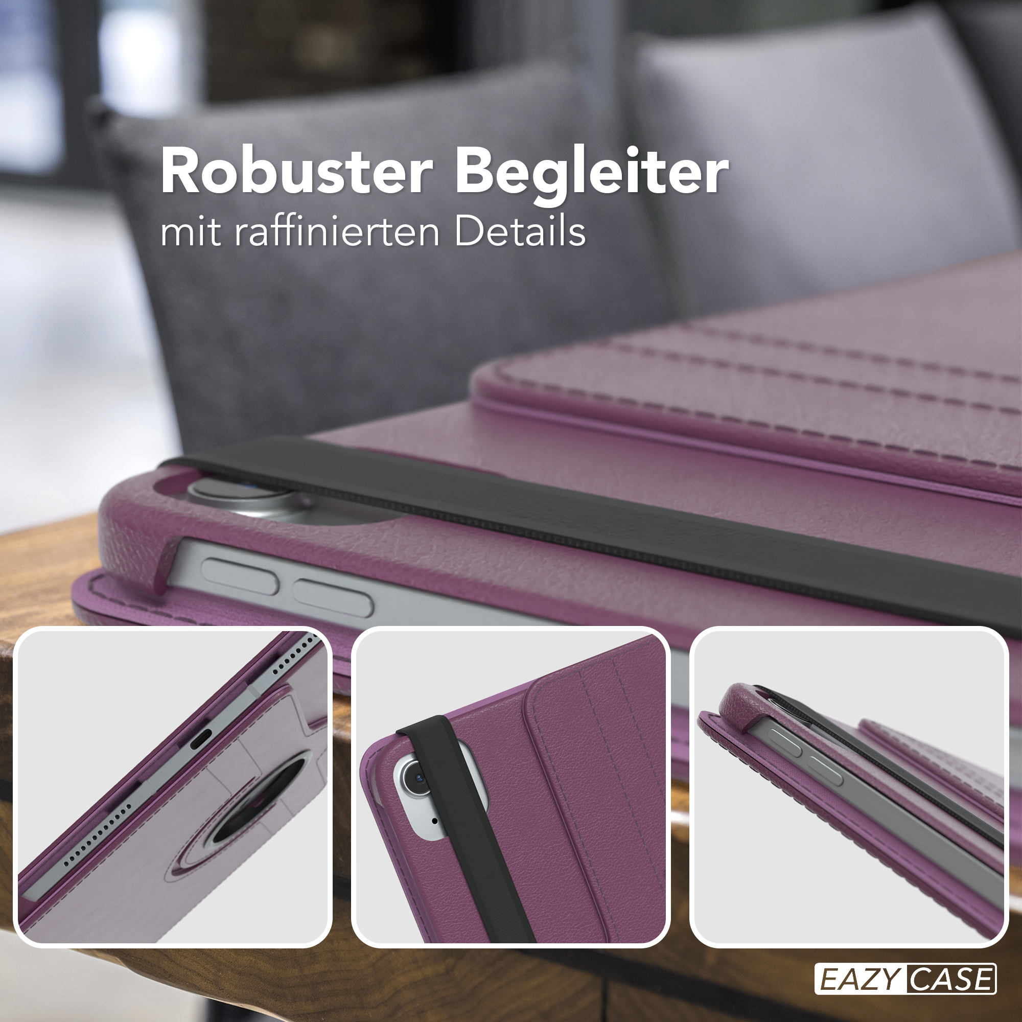 Lila Tablethülle mit schwarzem Band. Nahaufnahmen von Hülle und Tablet auf einem Holztisch.