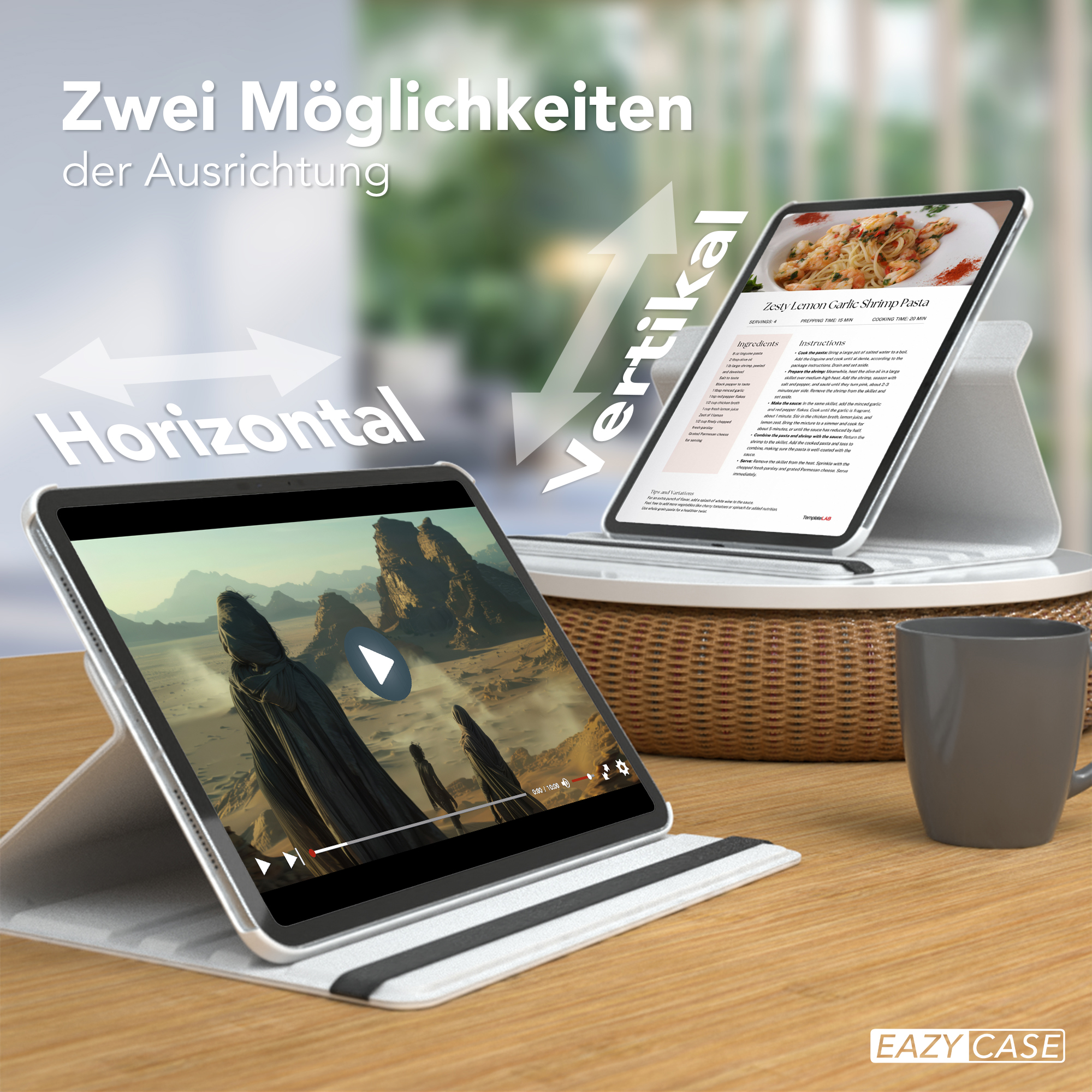 Tablets in horizontal und vertikal Positionen. Video auf einem, Rezept auf dem anderen. Grauer Becher.