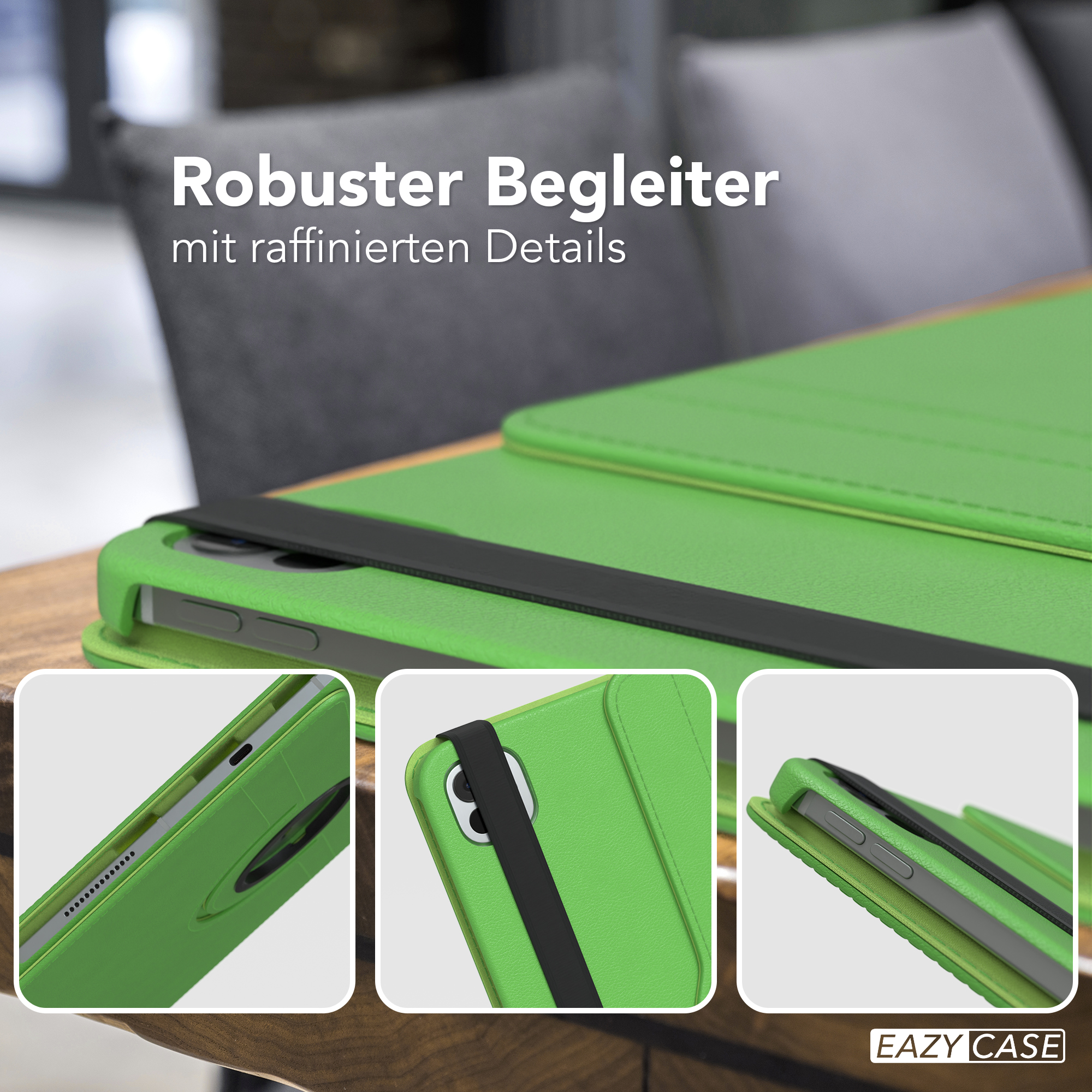 Grüne Tablet-Hülle mit Details wie einem schwarzen Riemen und weiteren Ansichten.