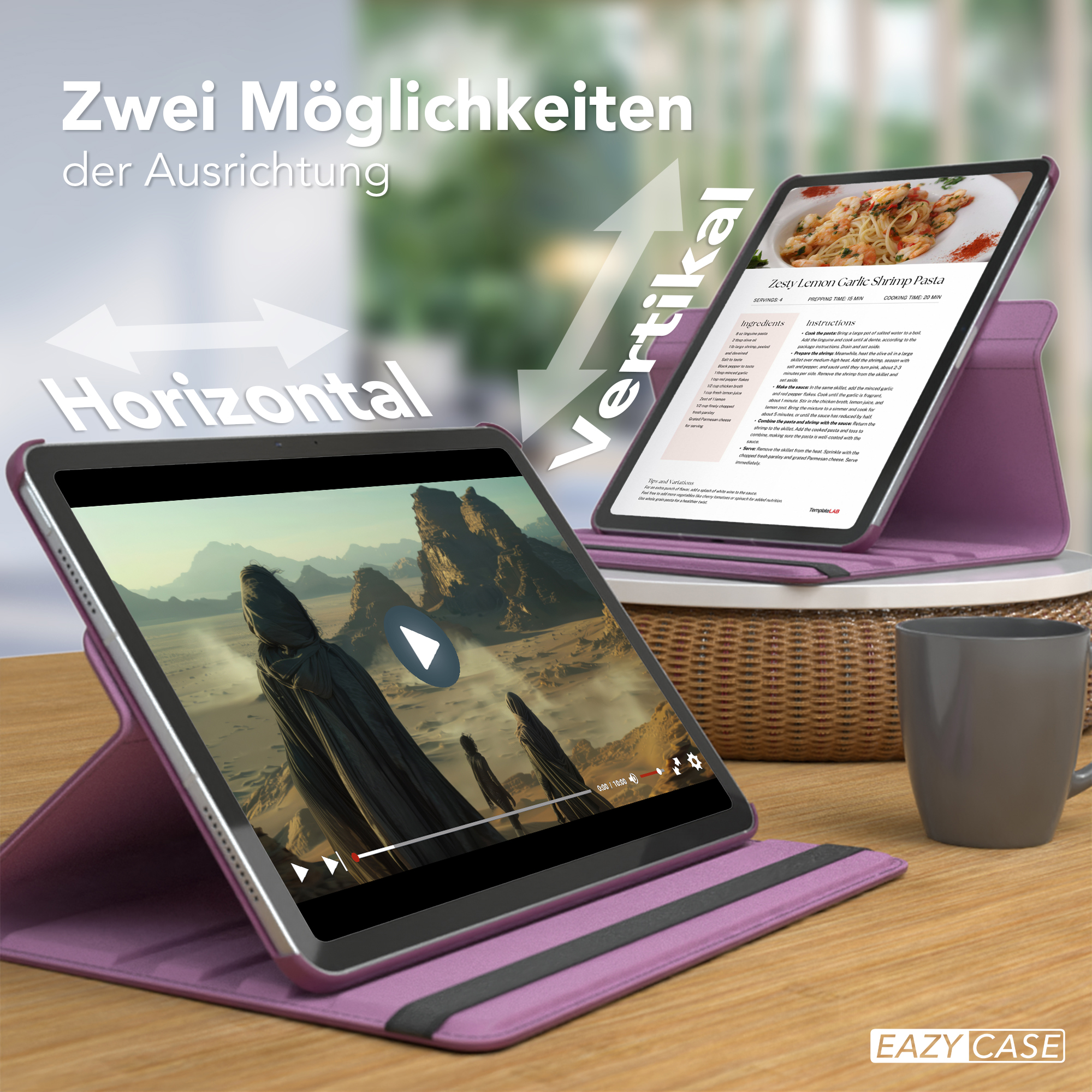 Zwei Tablets in Hüllen. Eines ist horizontal mit einem Video, das andere vertikal mit einem Rezept. Eine Tasse ist sichtbar.