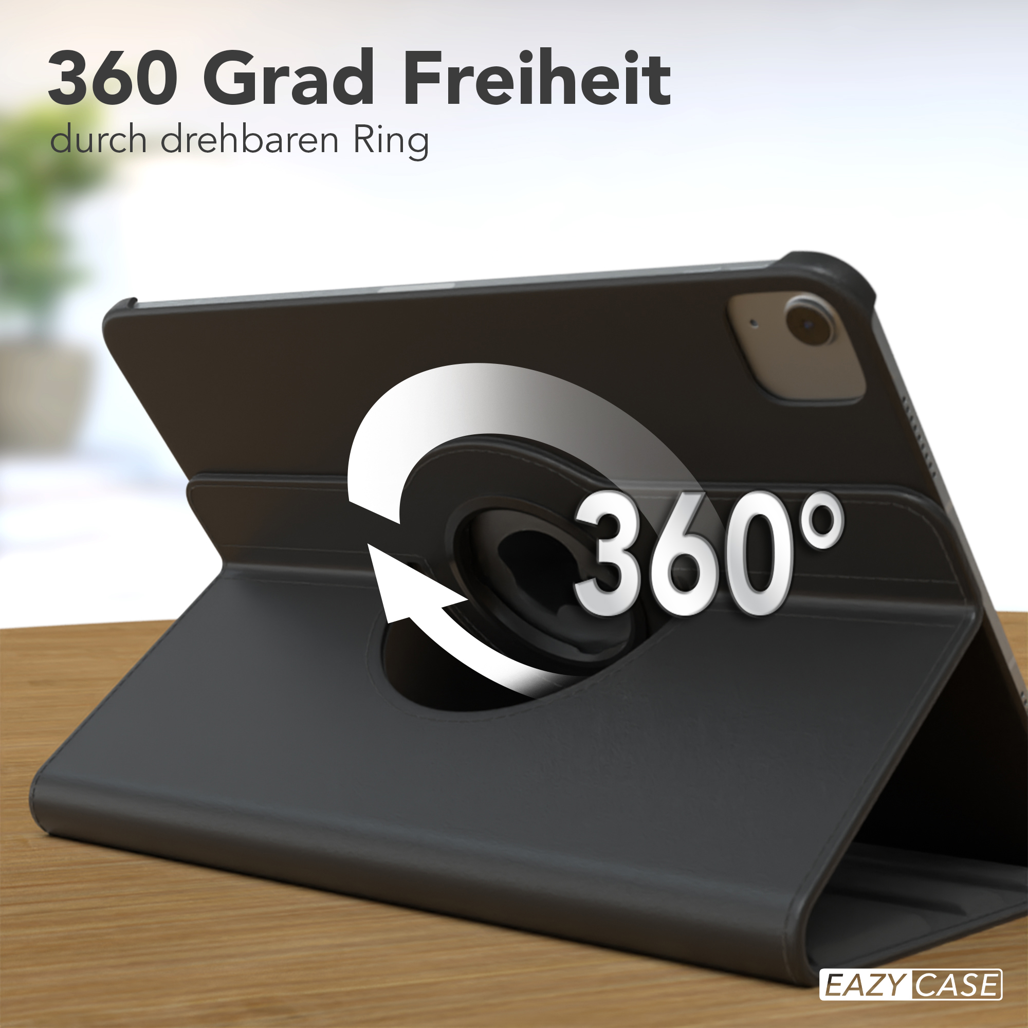 Eine schwarze Tablet-Hülle mit drehbarem Ring. Die Hülle ist offen und zeigt das Innere und den 360°-Ring.