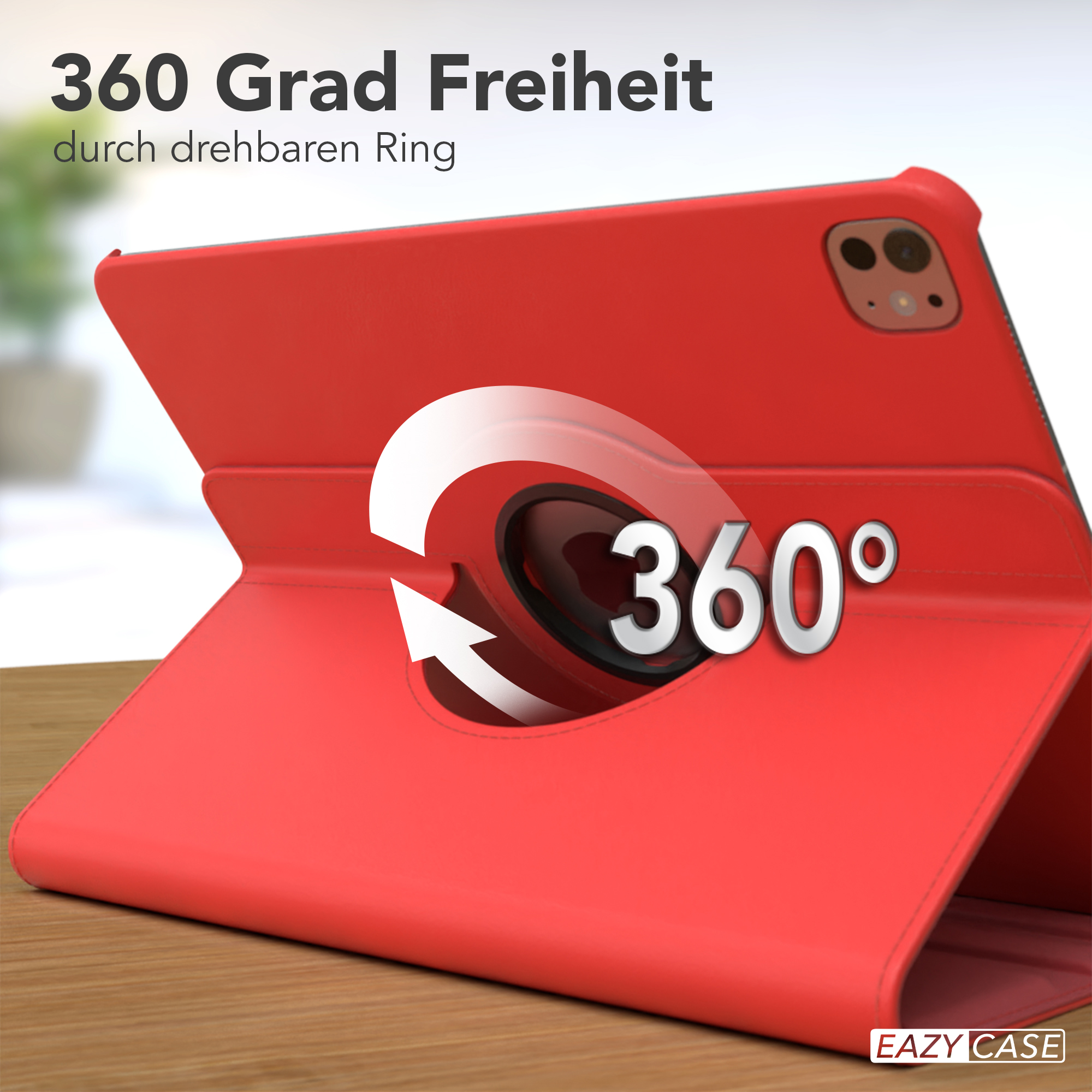 Eine rote Tablettasche mit einem drehbaren Ring. Text betont 360-Grad-Bewegungsfreiheit.
