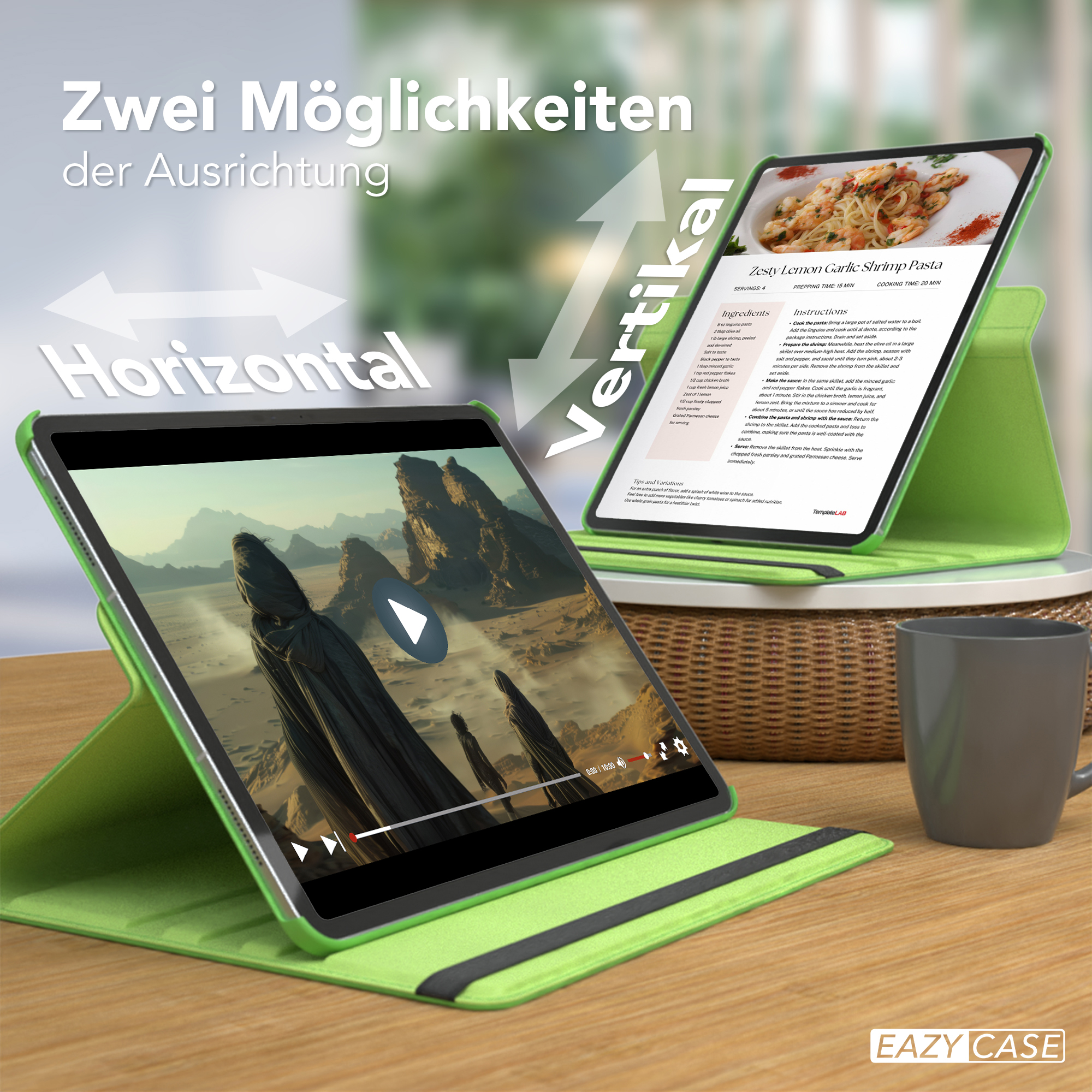 Tablet in grünem Case. Zeigt Video und Rezept. Text: vertikal und horizontal.