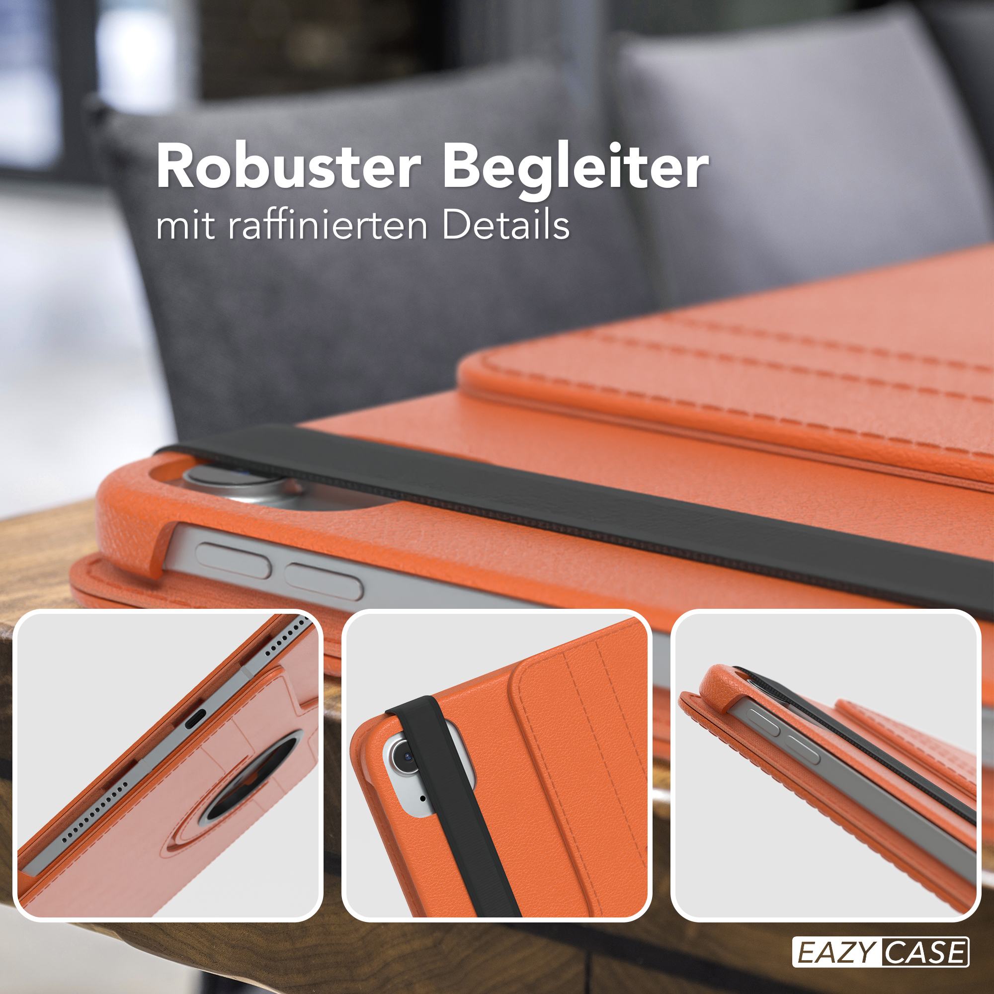 Orangene Tablet-Hülle mit schwarzem Band und drei Detailansichten. EAZY CASE Logo unten.