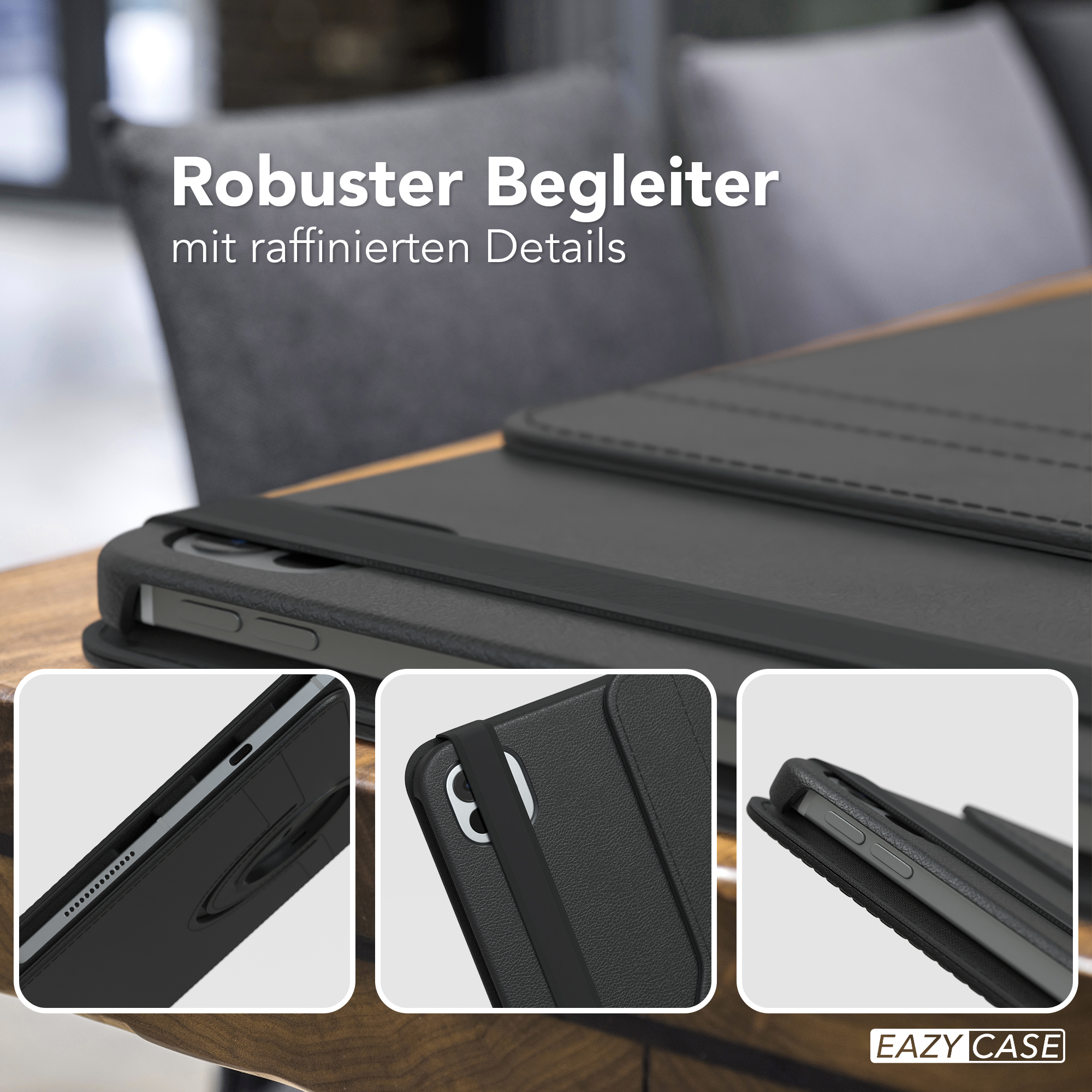 Schwarze Tablethülle auf einem Holztisch. Nahaufnahmen zeigen Details und Designmerkmale.