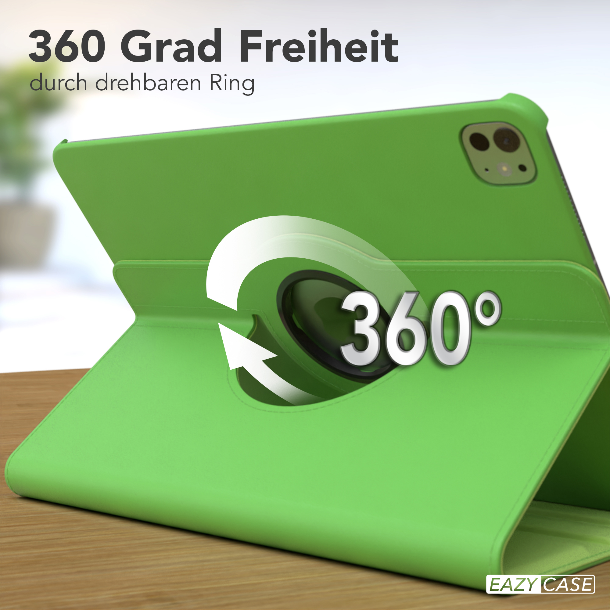 Eine grüne Tablet-Hülle mit drehbarem Ring. Text: '360 Grad Freiheit'.
