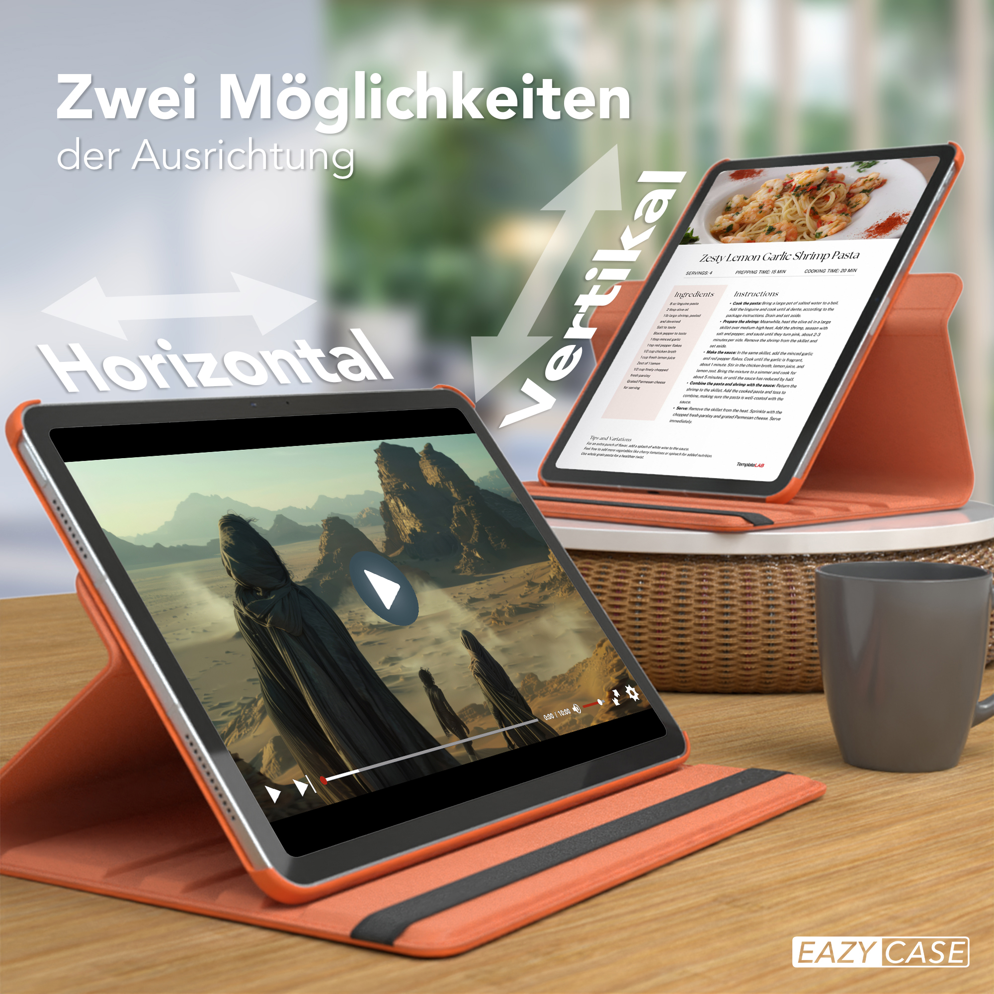 Tablets in Hüllen, eines zeigt ein Video und das andere ein Rezept. Die Hüllen sind orange.