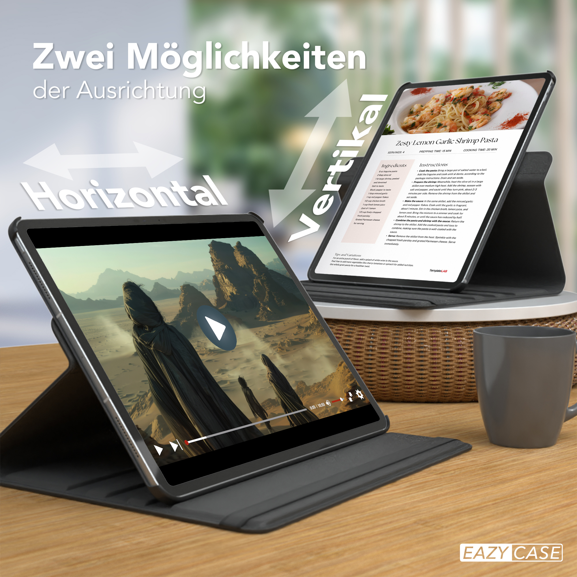 Zwei Tablets zeigen unterschiedliche Ausrichtungen. Eines vertikal und das andere horizontal.