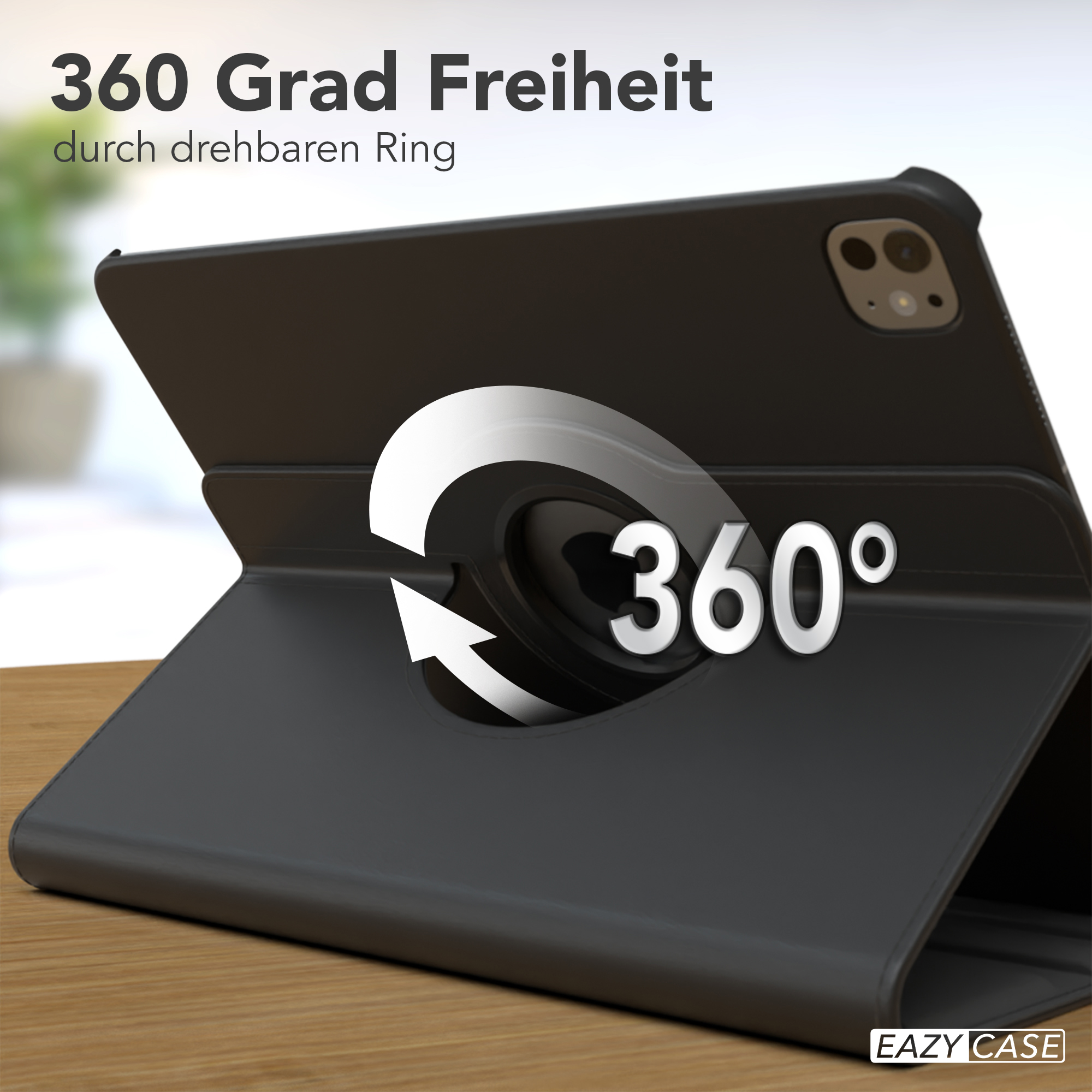 Schwarze Tablethülle mit drehbarem Ring. Weißer Pfeil zeigt 360-Grad-Drehung an.