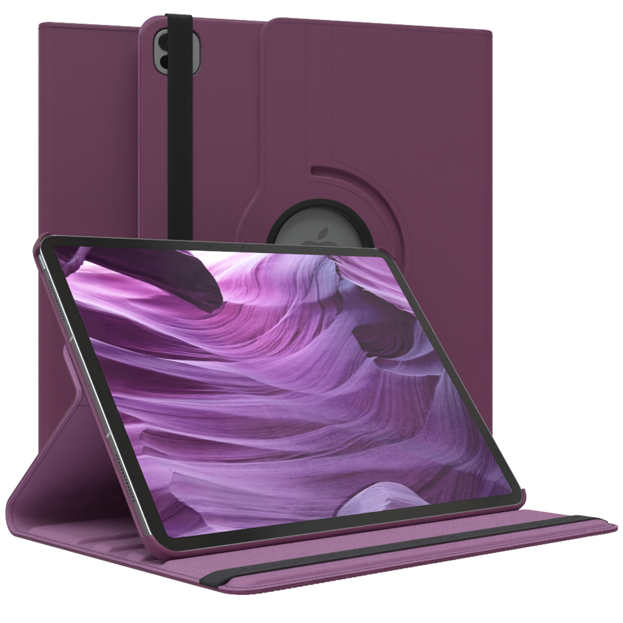 Violette Tablet-Hülle mit offenem Tablet, das ein abstraktes lila-weißes Bild zeigt.