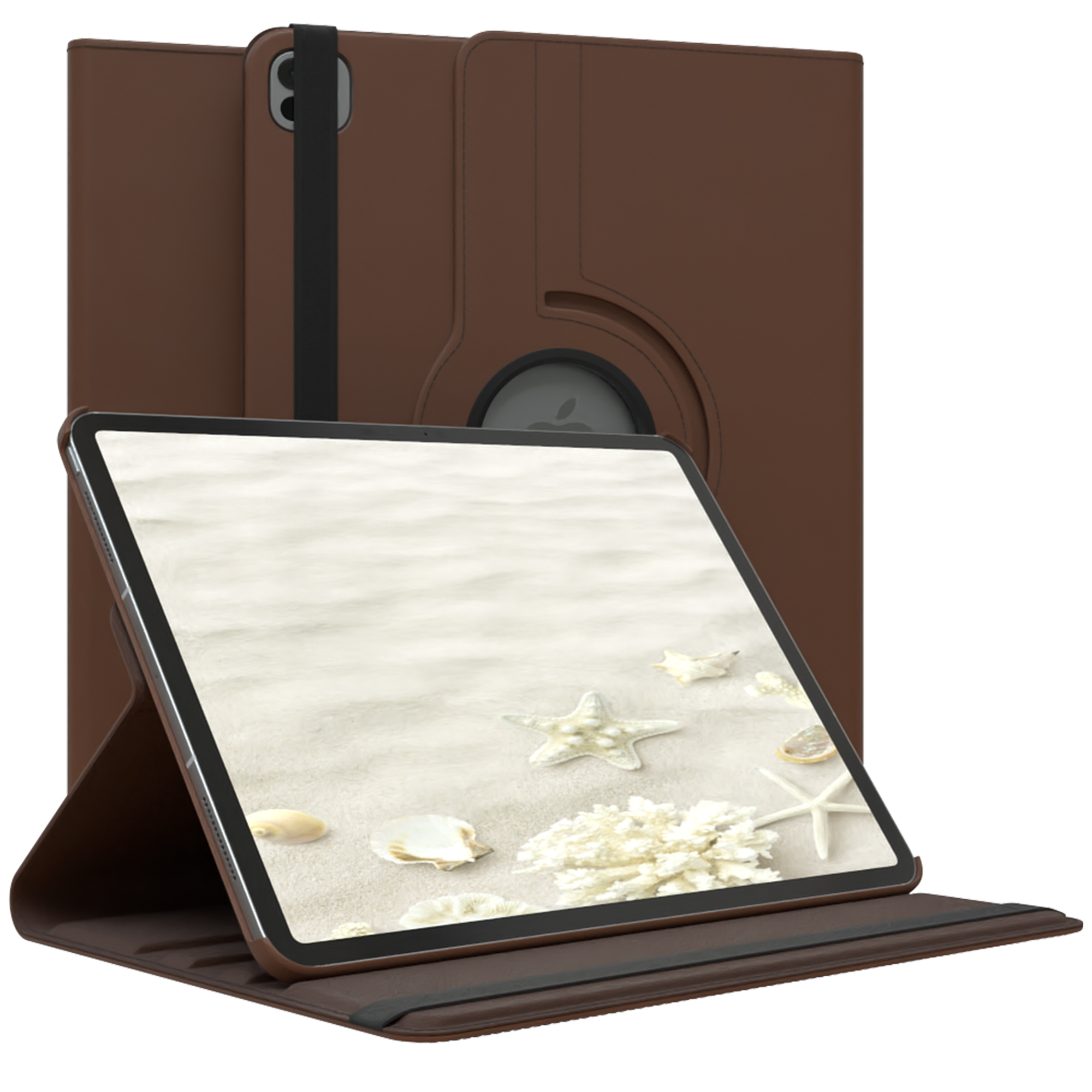 Ein braunes Tablet in einer braunen Hülle, geöffnet und abgewinkelt, zeigt eine Strandszene mit Muscheln.