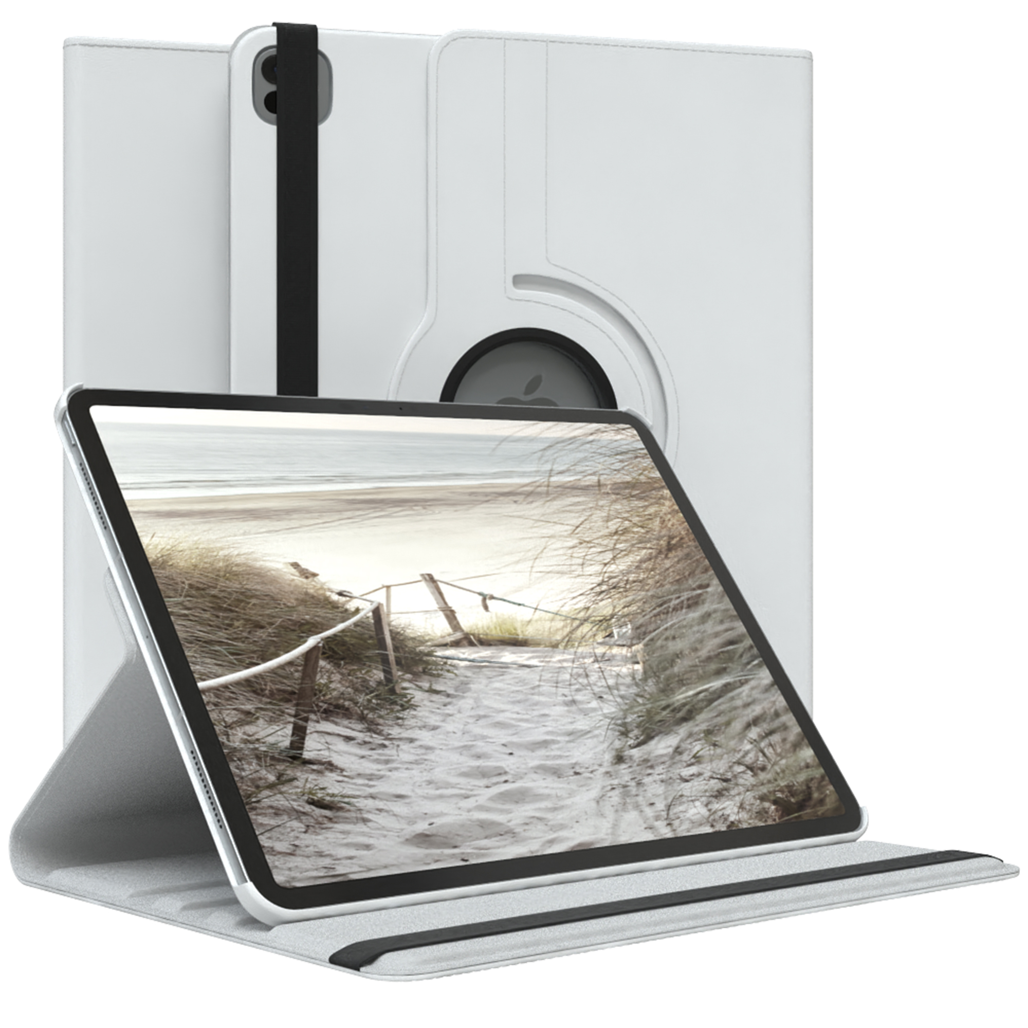 Weiße Tablethülle mit Tablet, das eine Strandszene zeigt. Schwarzer Riemen auf der Rückseite.