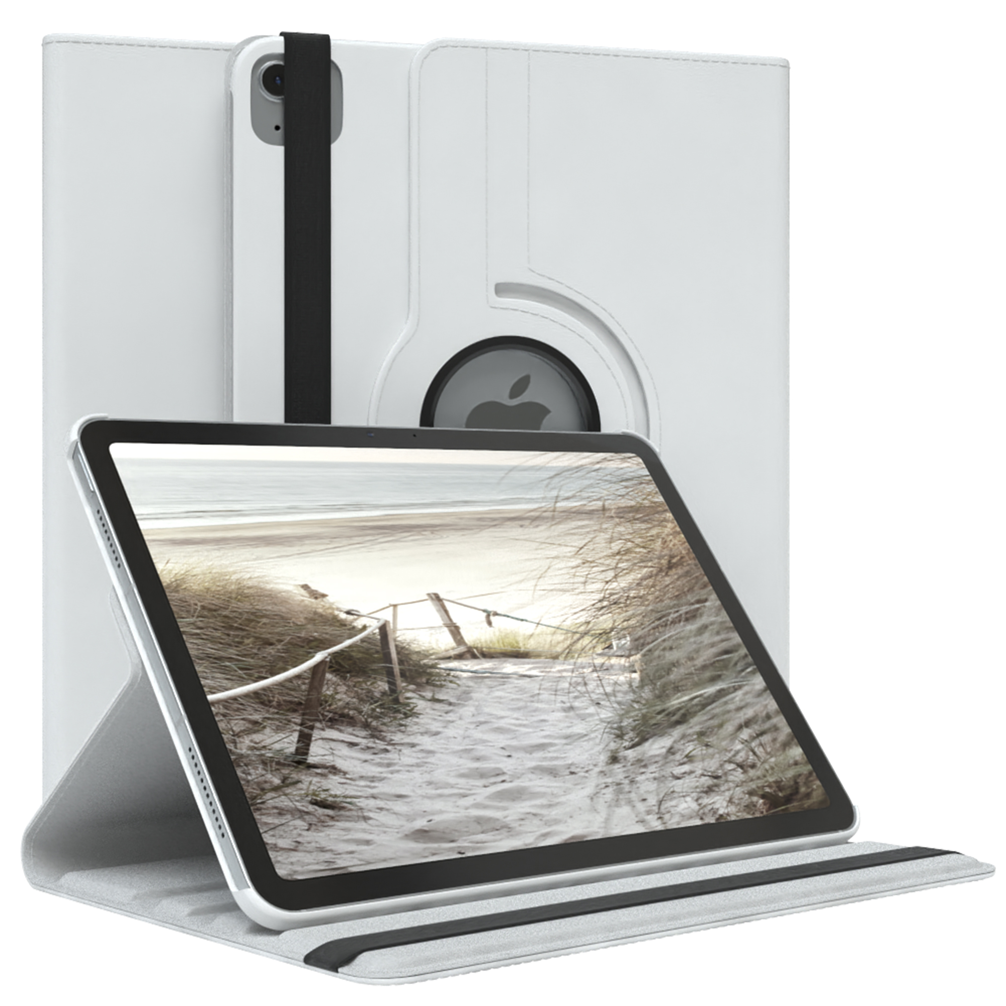 Weiße Tablet-Hülle mit Tablet, Strandansicht, weißer Hintergrund.