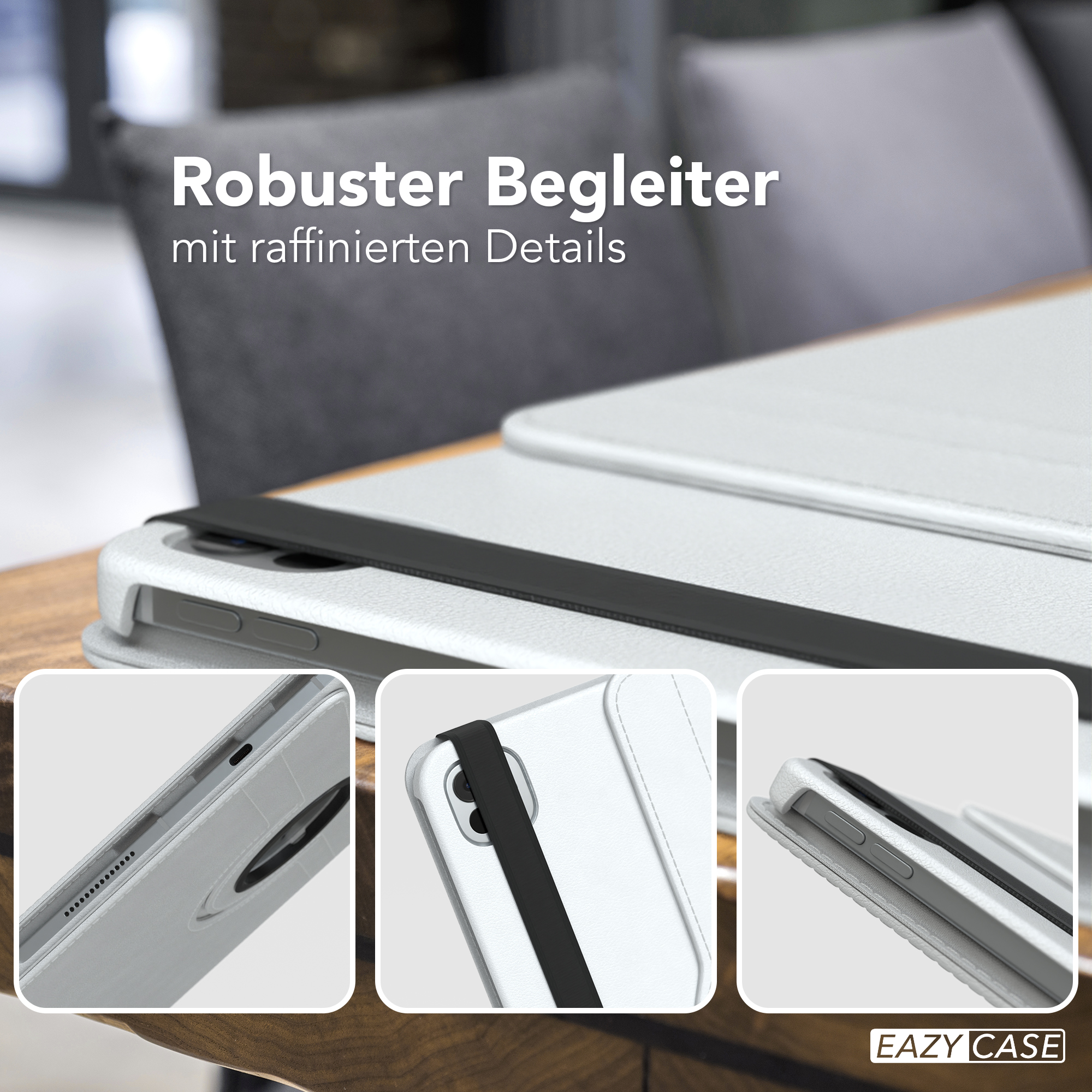 Eine Tablet-Hülle mit Details und dem Text „Robuster Begleiter“. Es gibt Nahaufnahmen der Details.
