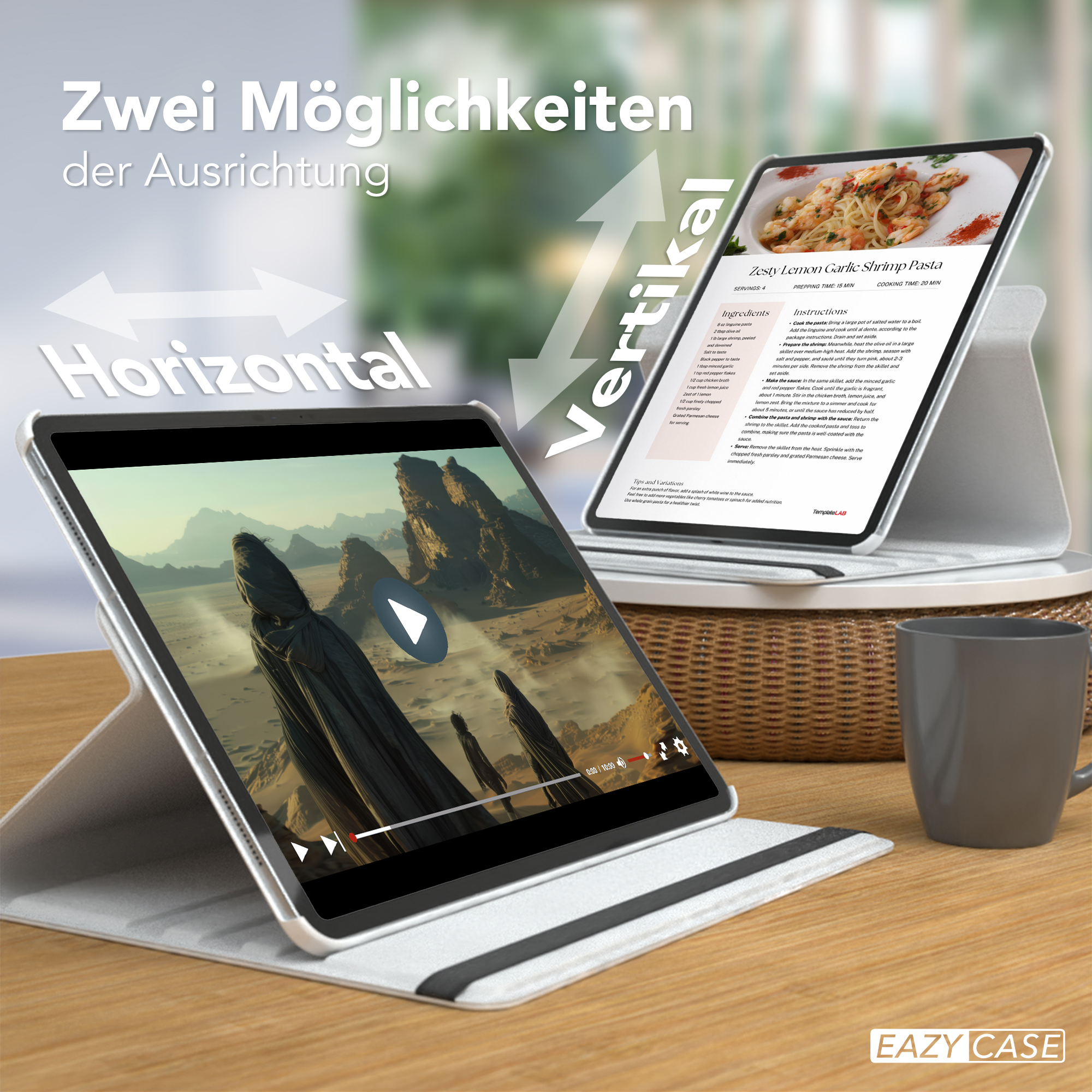 Zwei Tablets mit unterschiedlichen Layouts. Eines ist horizontal, das andere vertikal. Beide zeigen Essensrezepte und Videos.