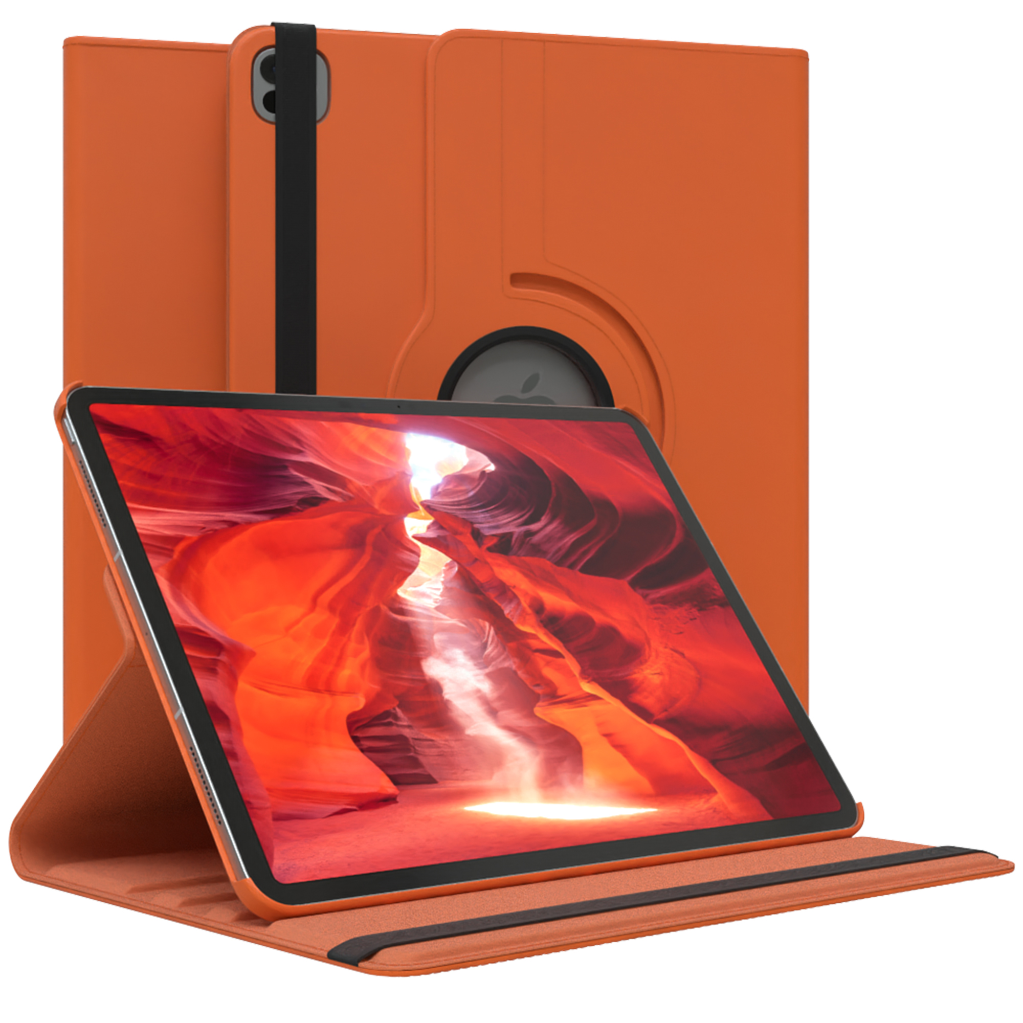 Eine orangefarbene Tablethülle mit einem geöffneten Tablet, das eine rote Canyon-Szene zeigt. Weißer Hintergrund.