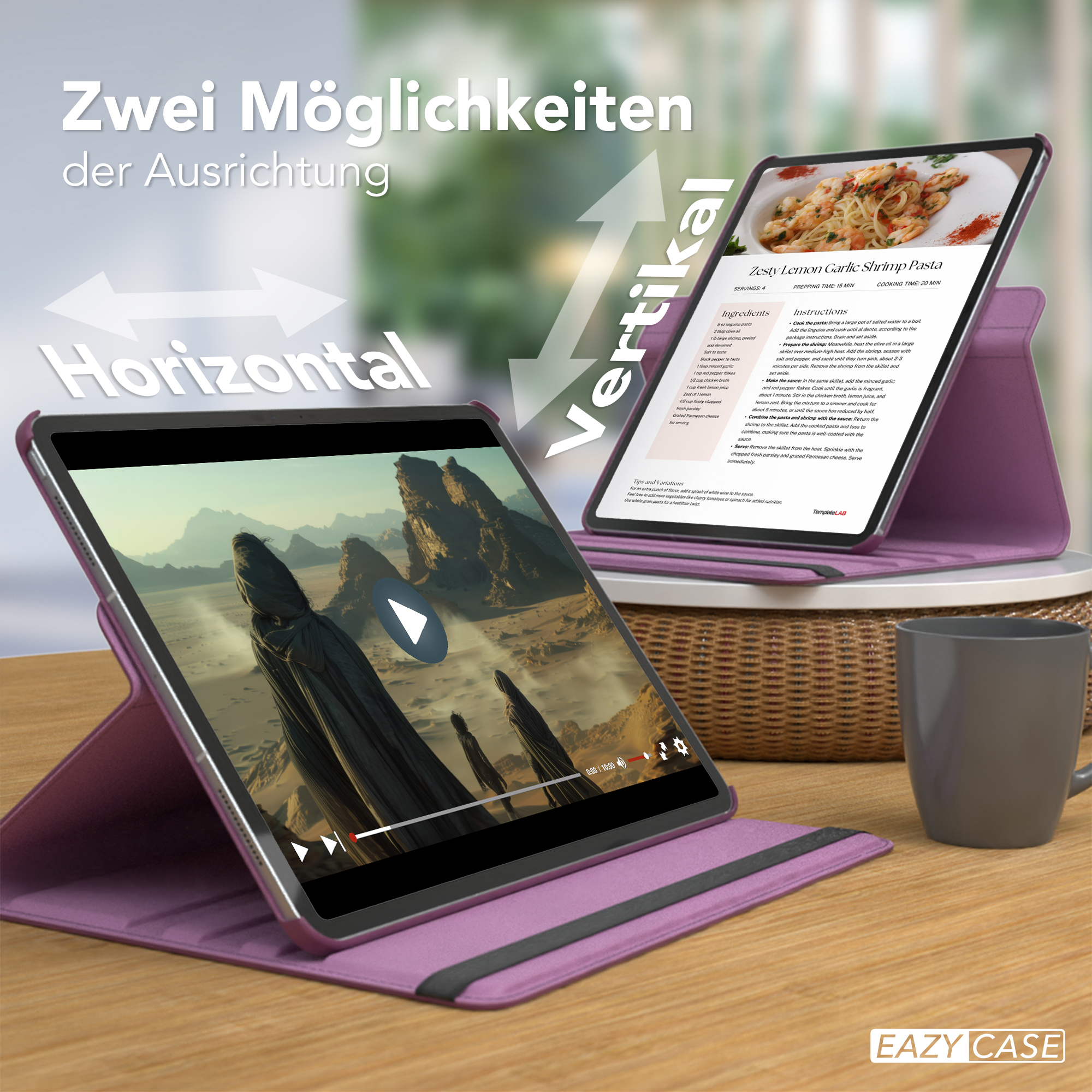 Tablet mit Video und Rezept, auf lila Ständer. Text: Horizontal/Vertikal. Schwarzer Bildschirm, grauer Becher, Holztisch.