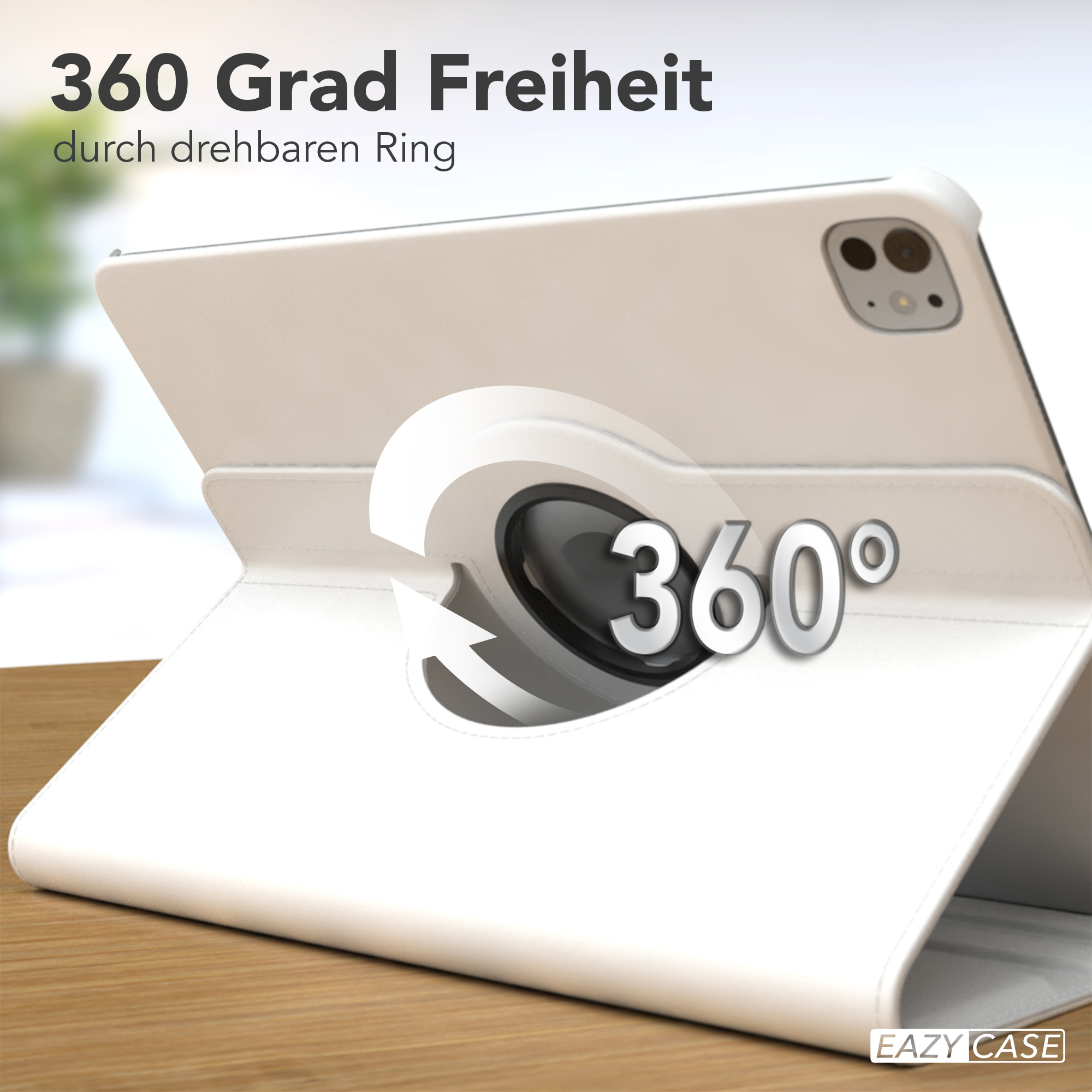 Weiße Tablet-Hülle mit drehbarem Ring und Text 360°. Text: 360 Grad Freiheit durch drehbaren Ring.