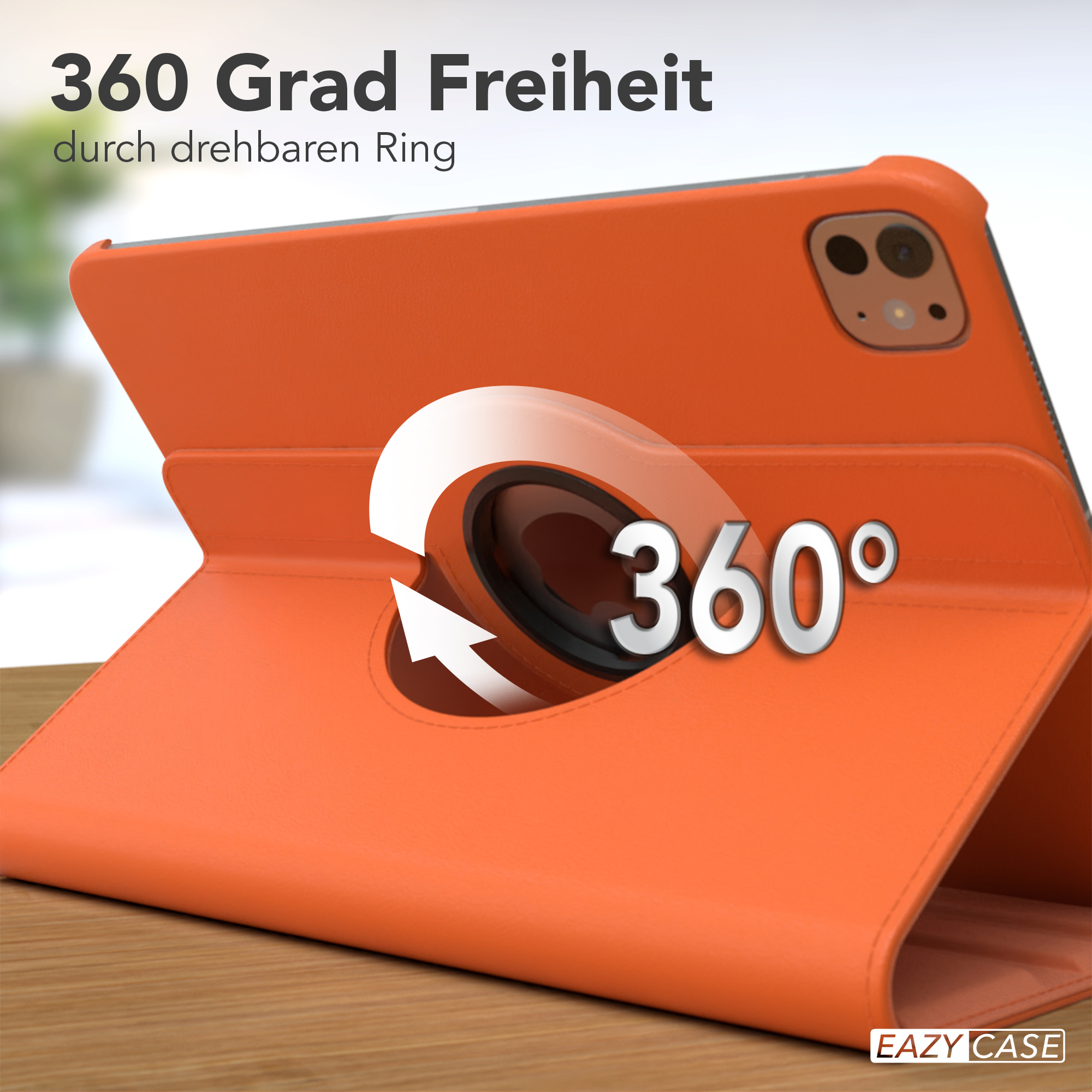 Oranges Gehäuse, das sich um die Kamera dreht. Weißer Pfeil und Text: 360 Grad Freiheit.