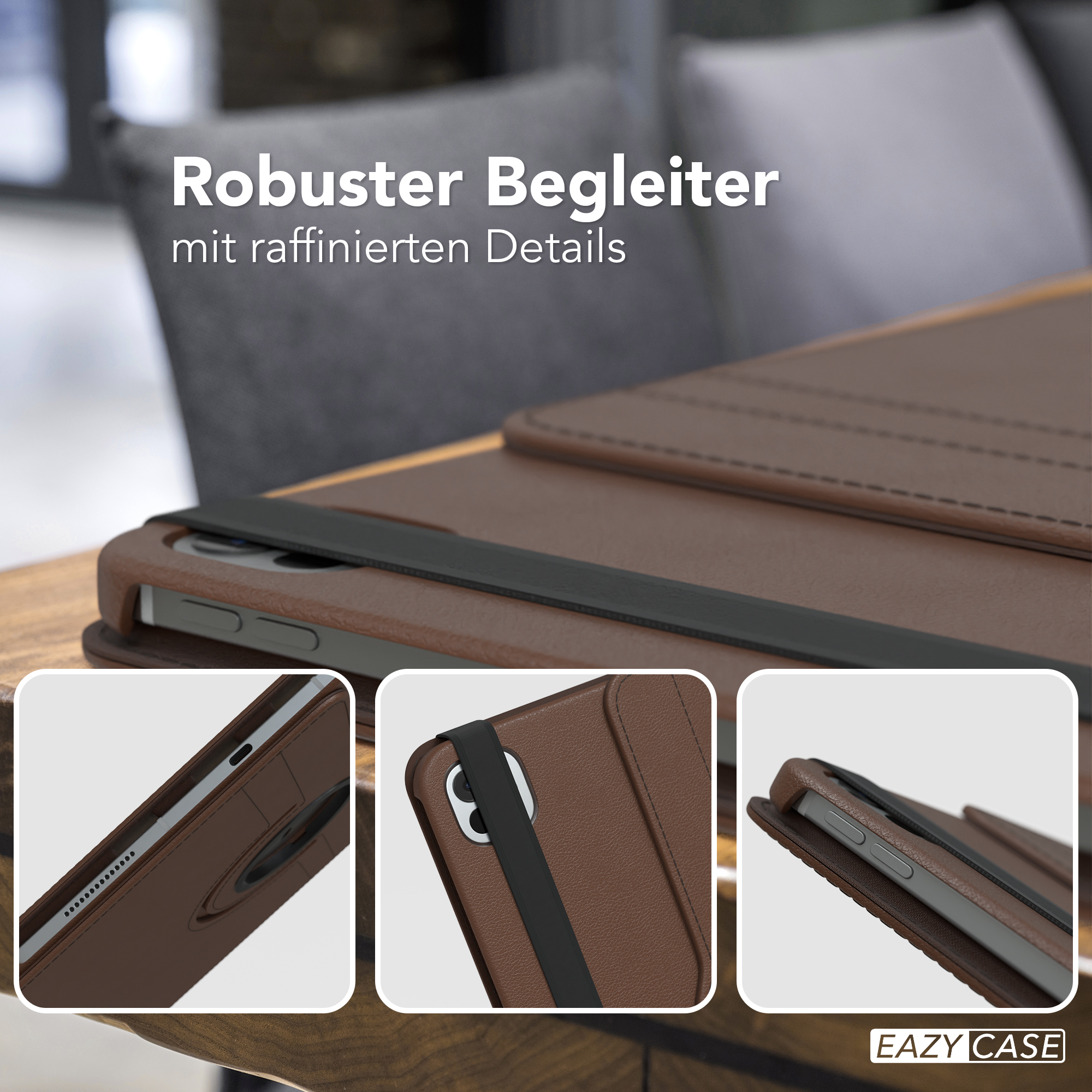 Eine braune Tablet-Hülle mit Details in Nahaufnahmen. Es ist auf einem Holztisch mit einer grauen Couch im Hintergrund.