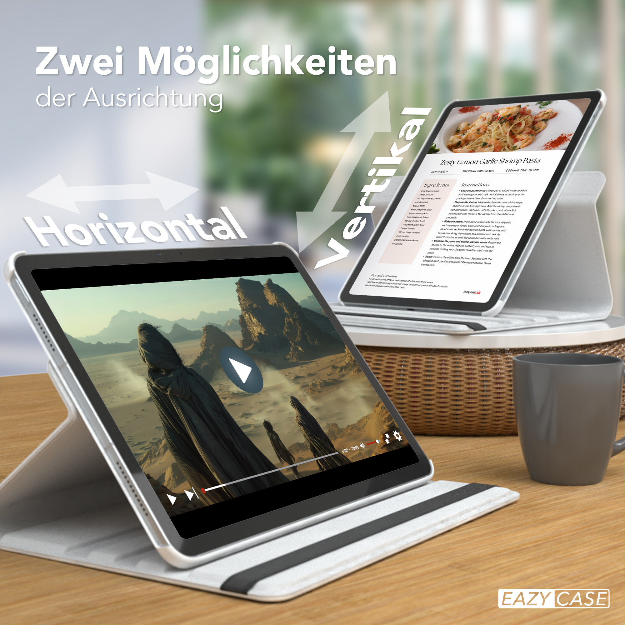 Zwei Tablets, eines zeigt ein Video, das andere ein Rezept. Beide werden von weißen Ständern gehalten.