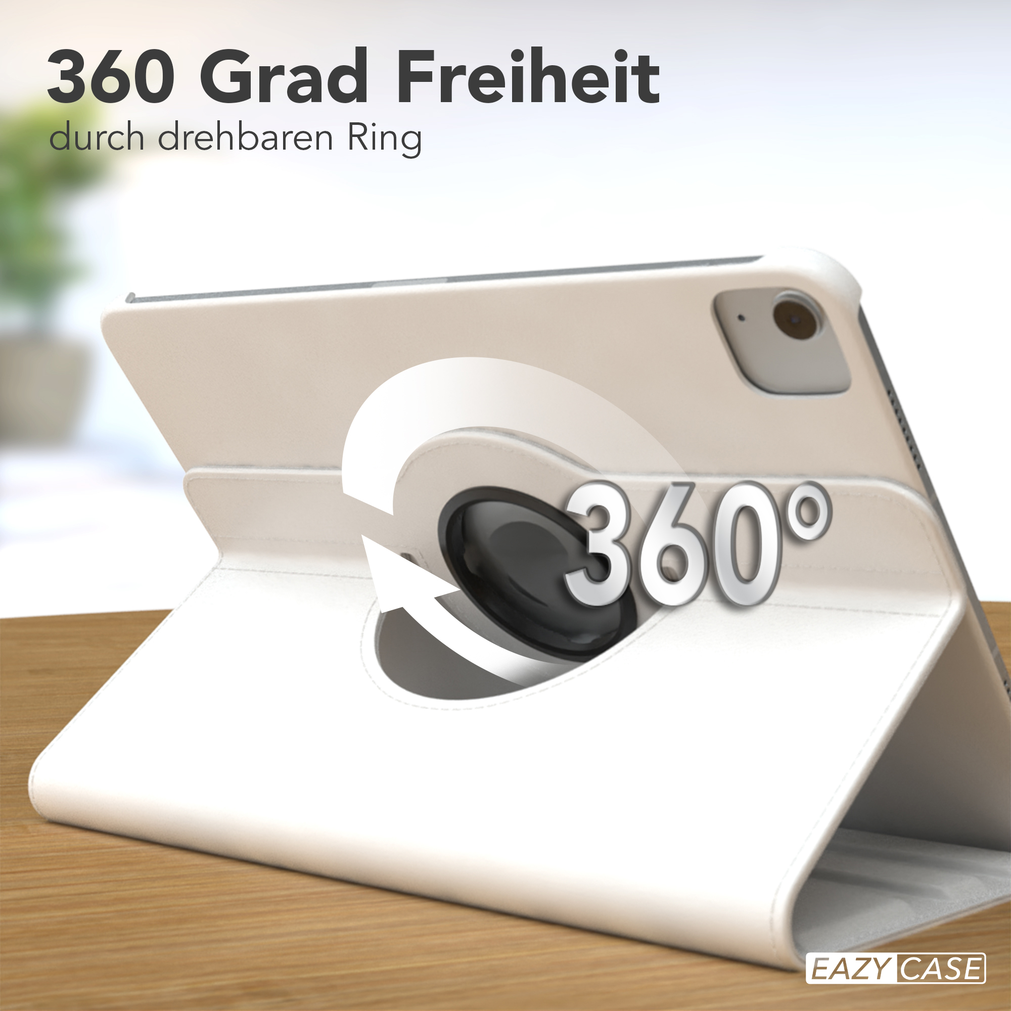 Weiße Tablethülle mit Drehring, weißer Text '360°', Holzoberfläche.