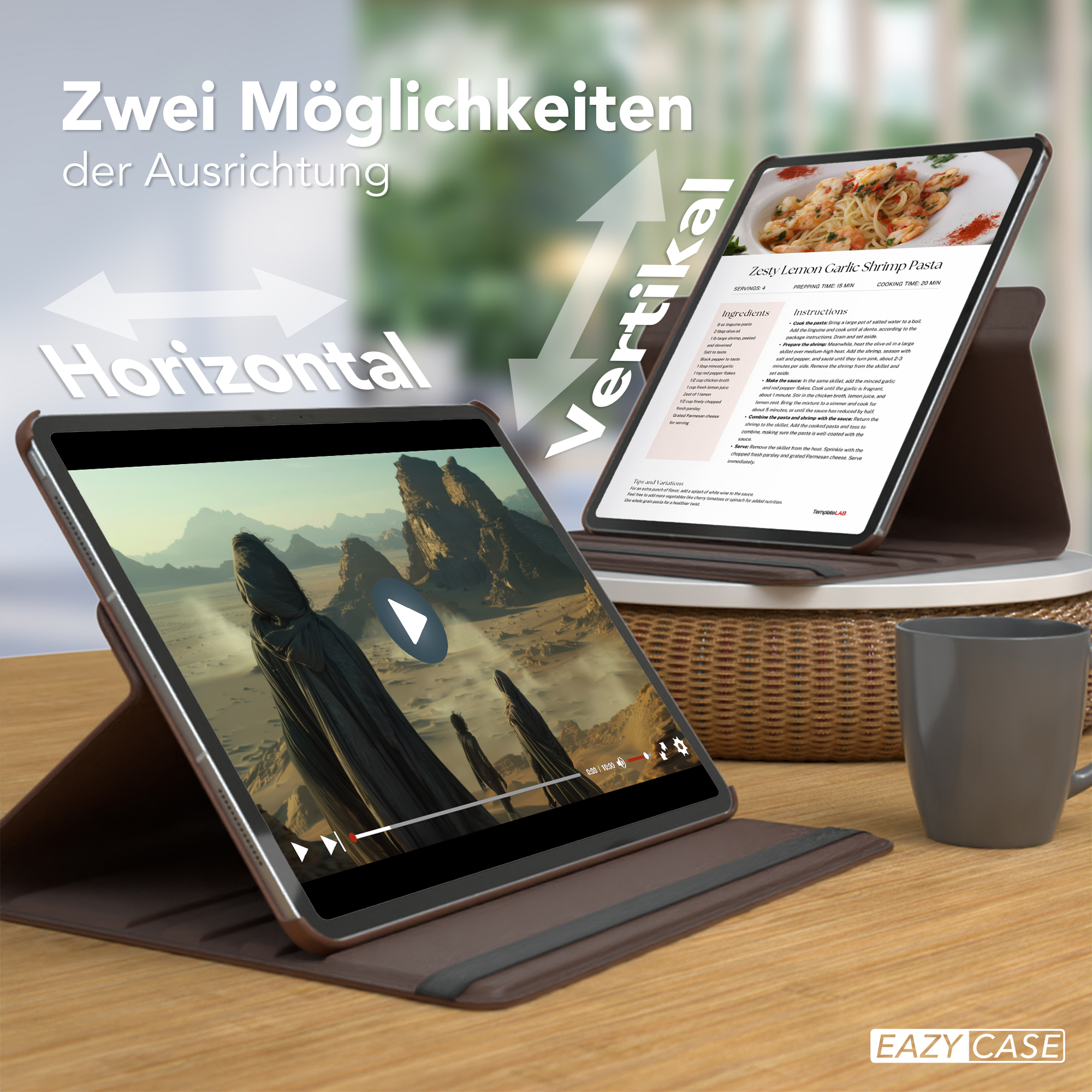 Tablet in einer Hülle, das ein Kochvideo zeigt. Vertikale und horizontale Ausrichtungsmöglichkeiten werden gezeigt.