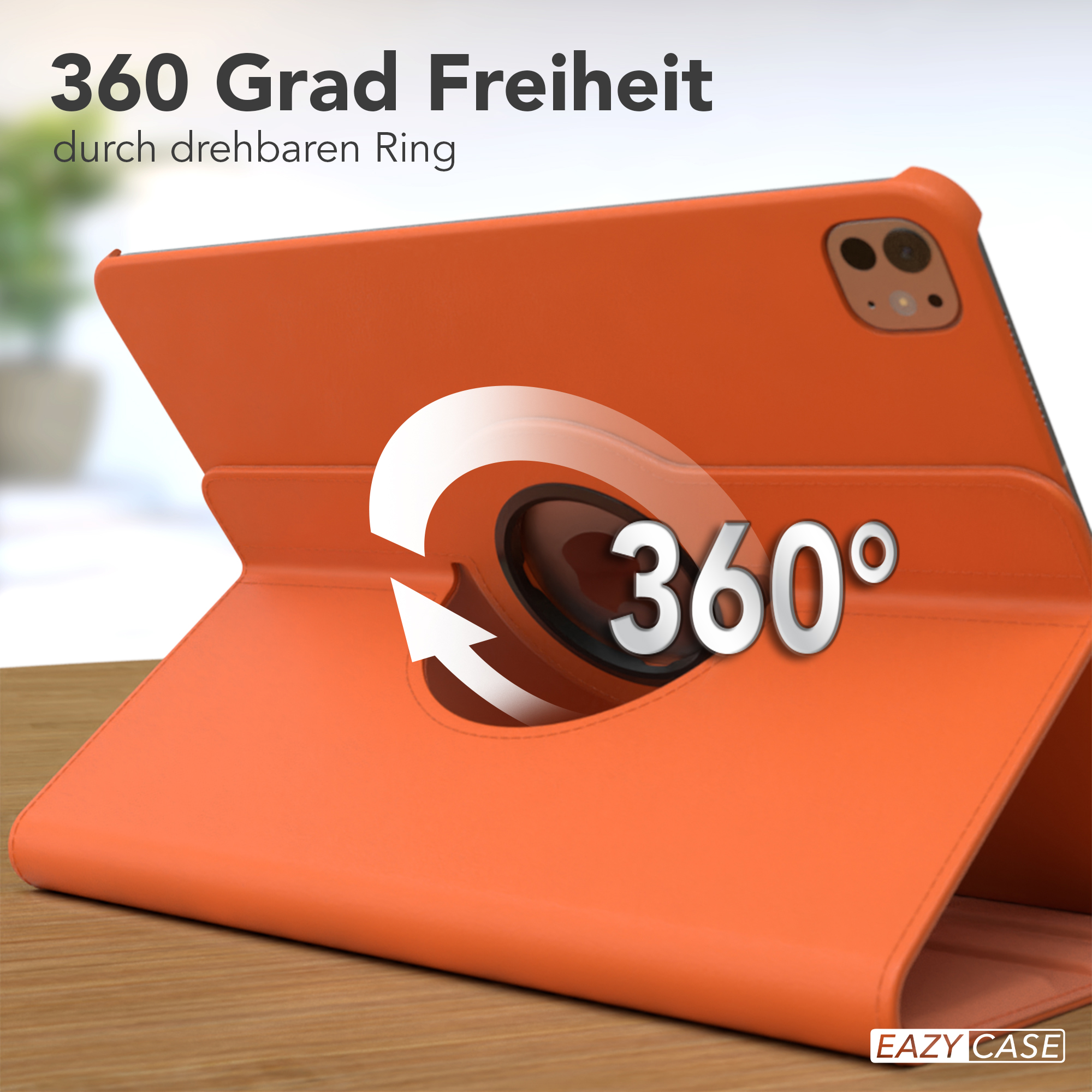 Orangene Tablet-Hülle mit Drehring, mit dem Text '360°' und 'EAZY CASE'.