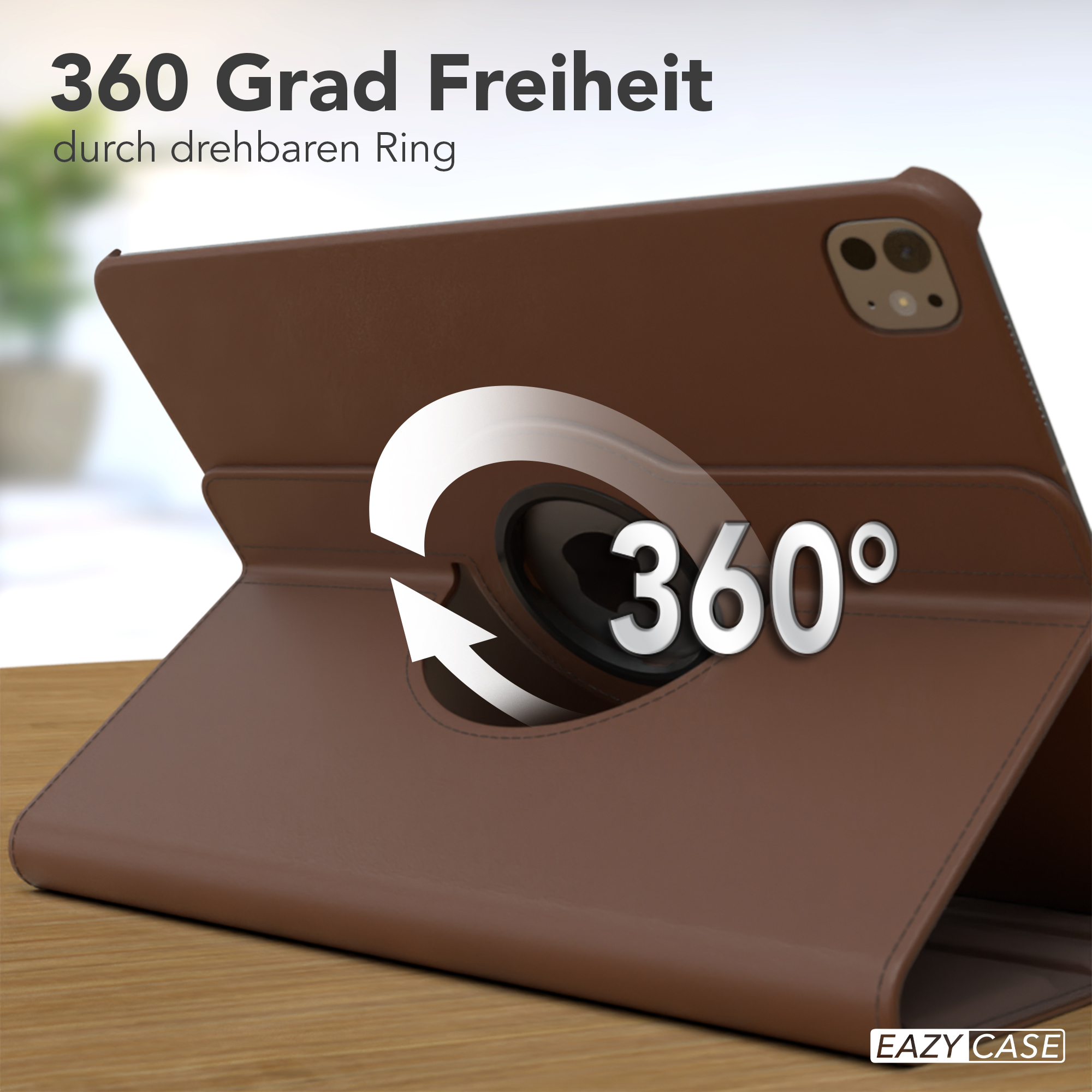 Eine braune Tablet-Hülle mit einem drehbaren Ring, die die 360°-Freiheit durch den Drehring zeigt.