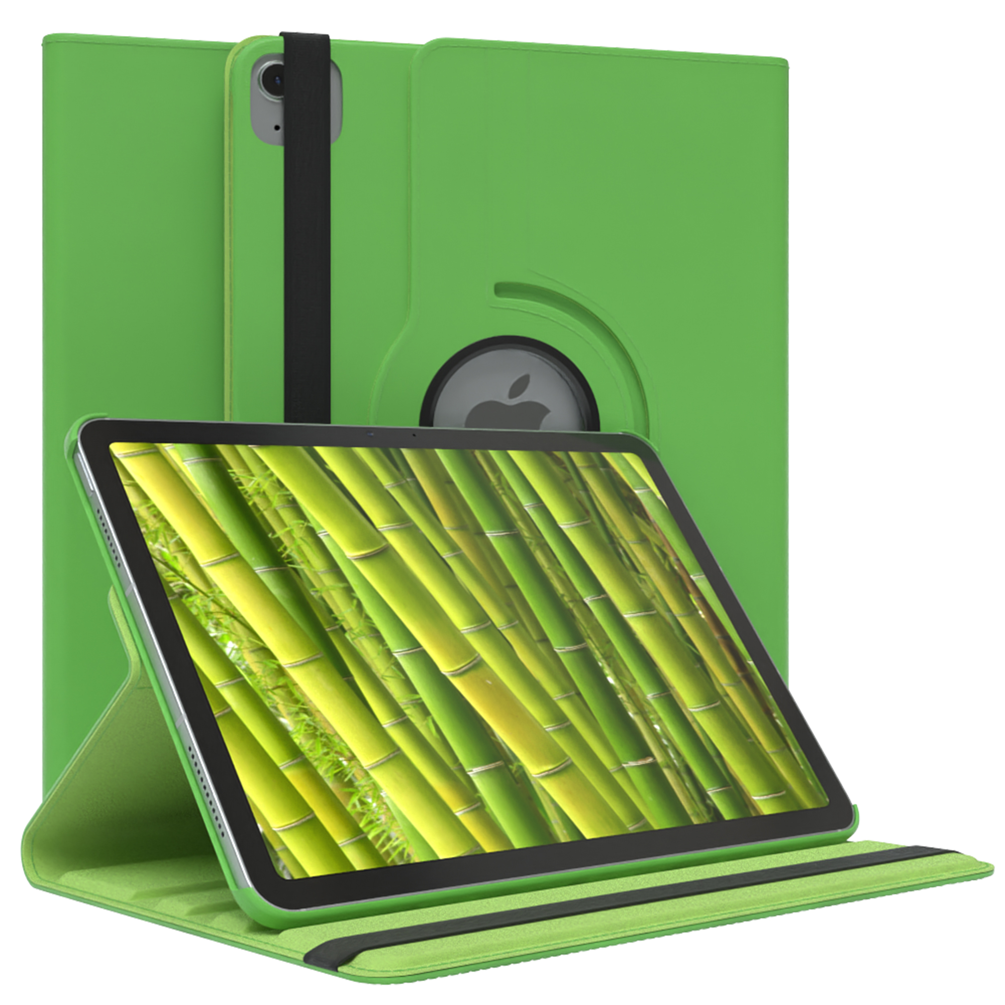 Grüne Tablet-Hülle mit Bambus-Bildschirm. Eine passende Hülle befindet sich dahinter. Schwarzer Riemen. Weißer Hintergrund.