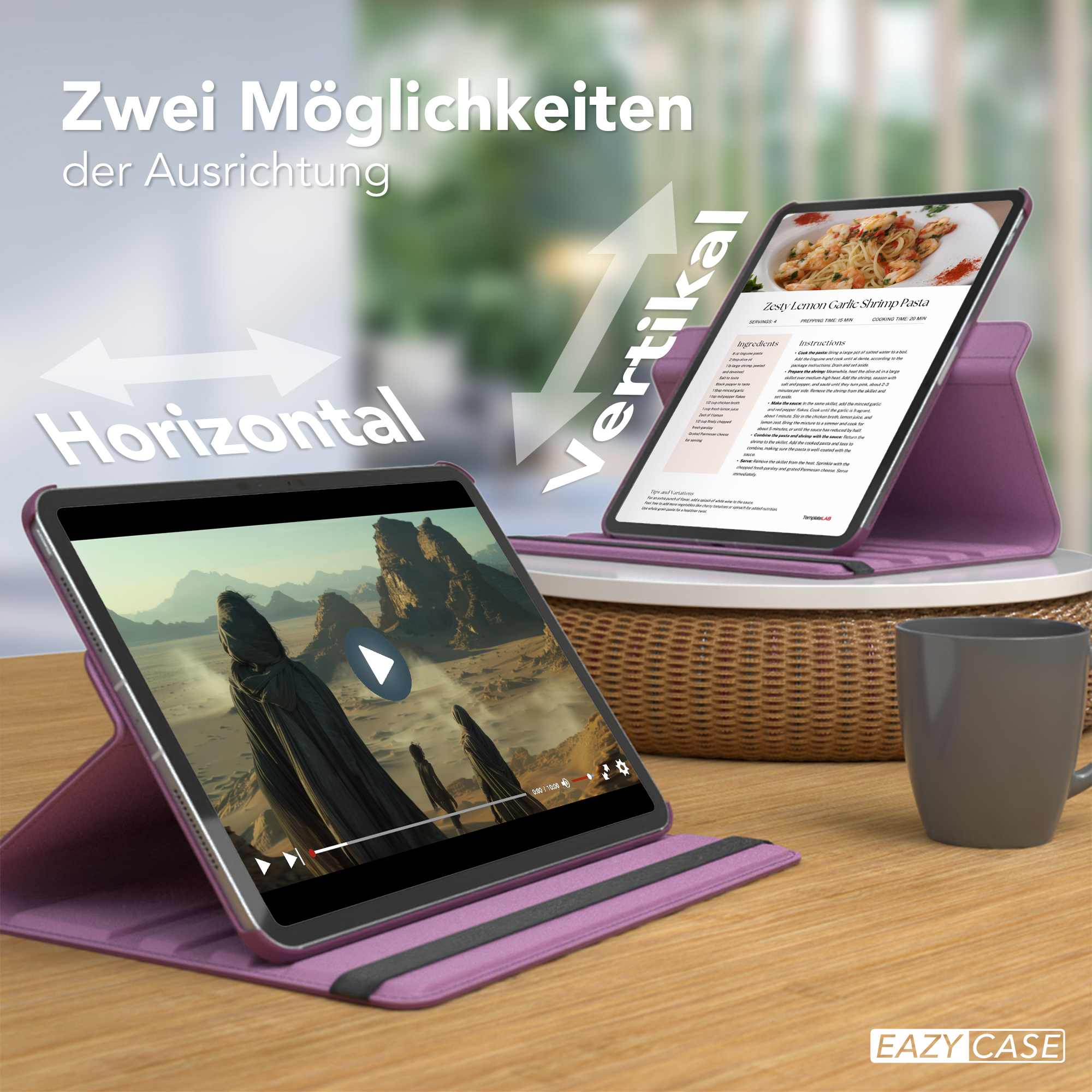 Tablets in horizontaler und vertikaler Position, die Video und Rezept zeigen.