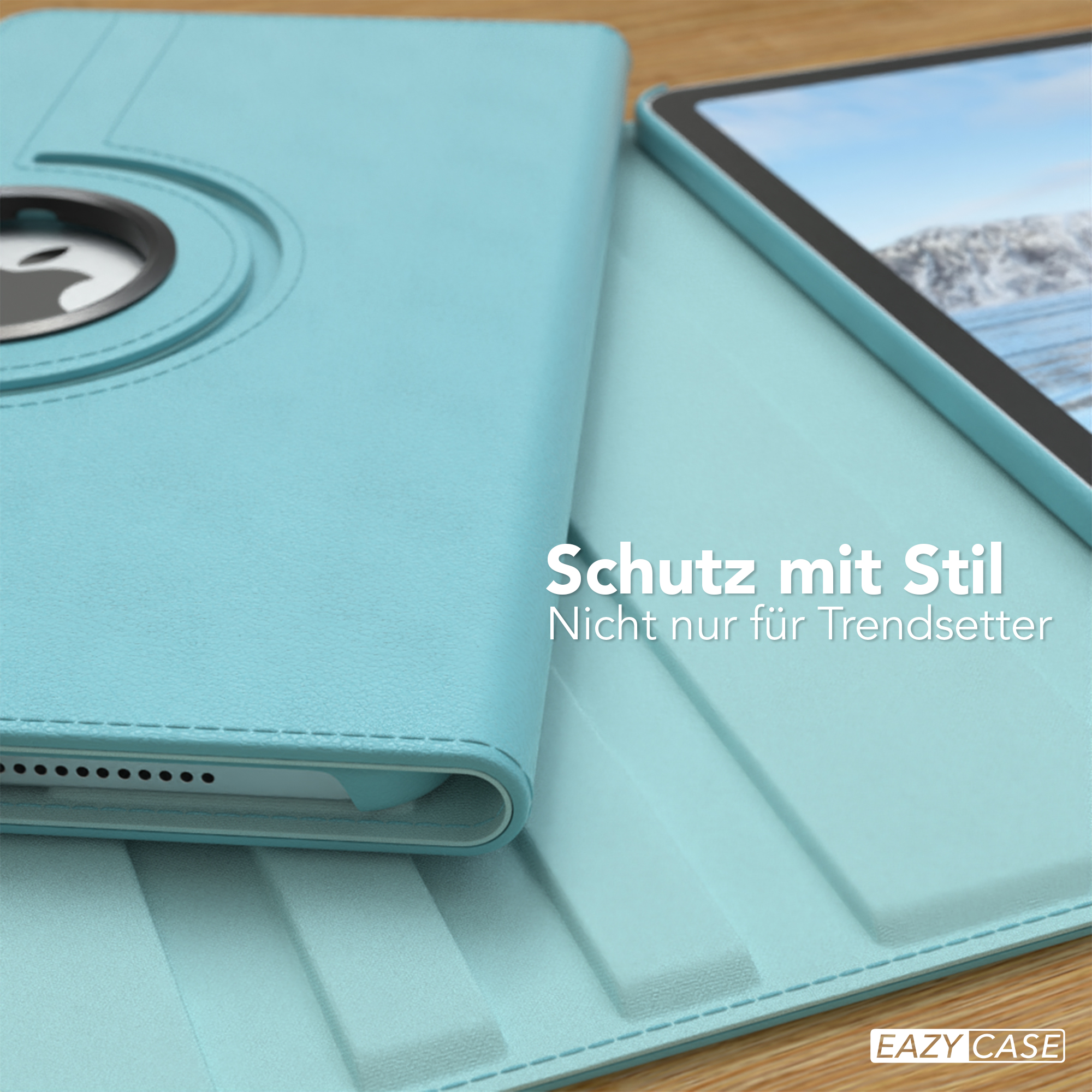 Tablet in blauem Case, mit Drehfunktion, Nahaufnahme.