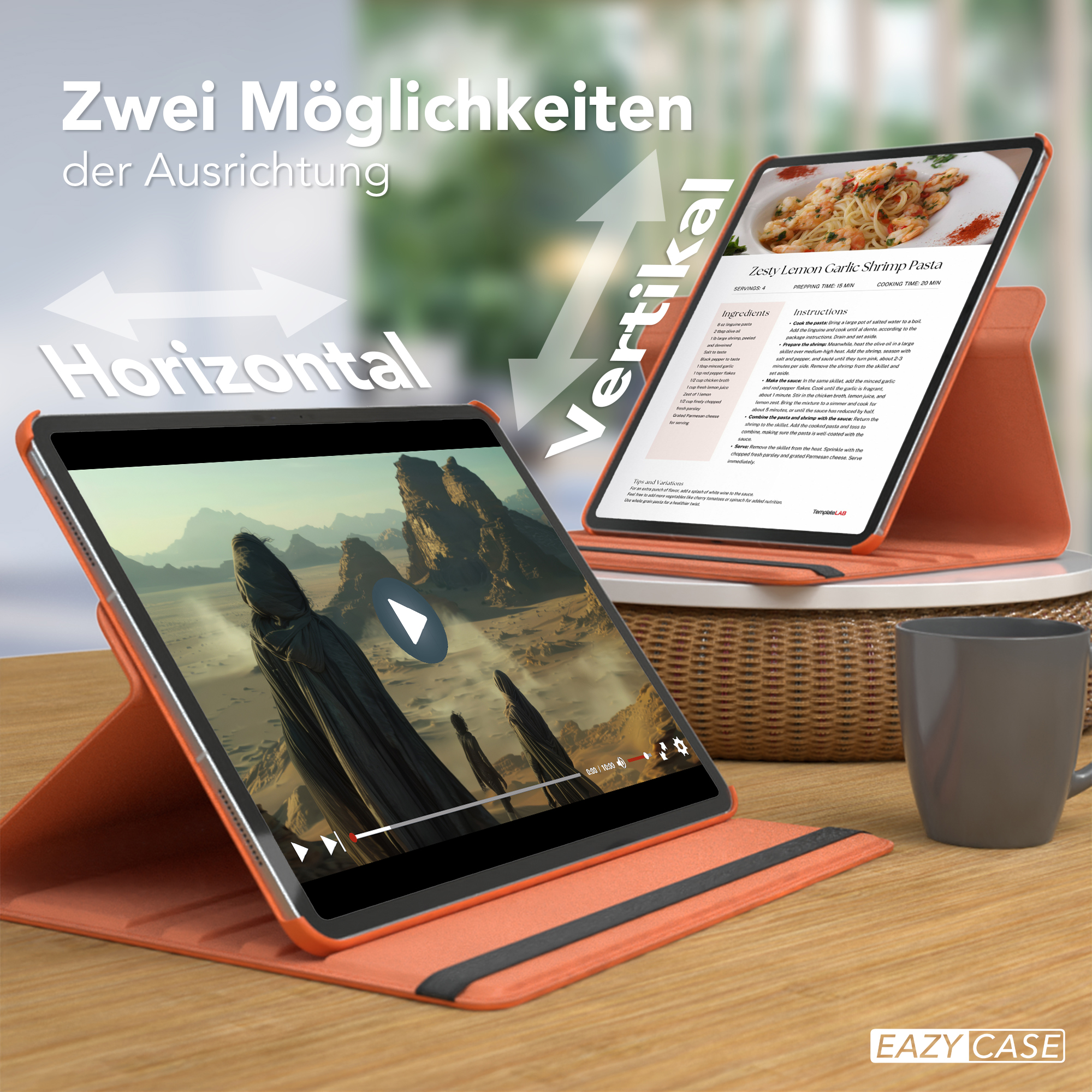 Tablet mit Video und Rezept, horizontal und vertikal dargestellt, auf einem Tisch mit einer Tasse.