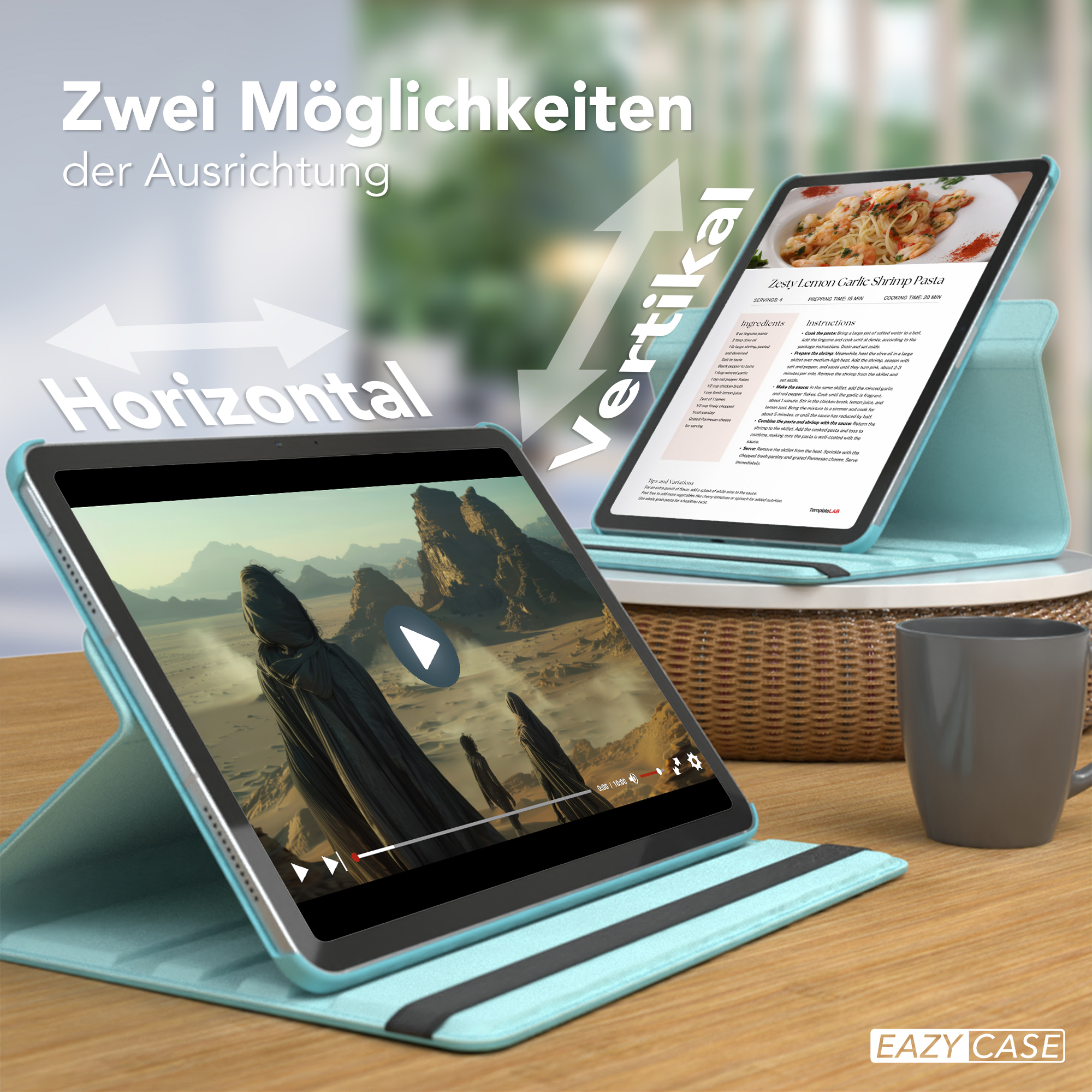 Tablets mit einem Video und einem Rezept. Sie liegen auf einem Tisch mit Tasse und Blumendeko.