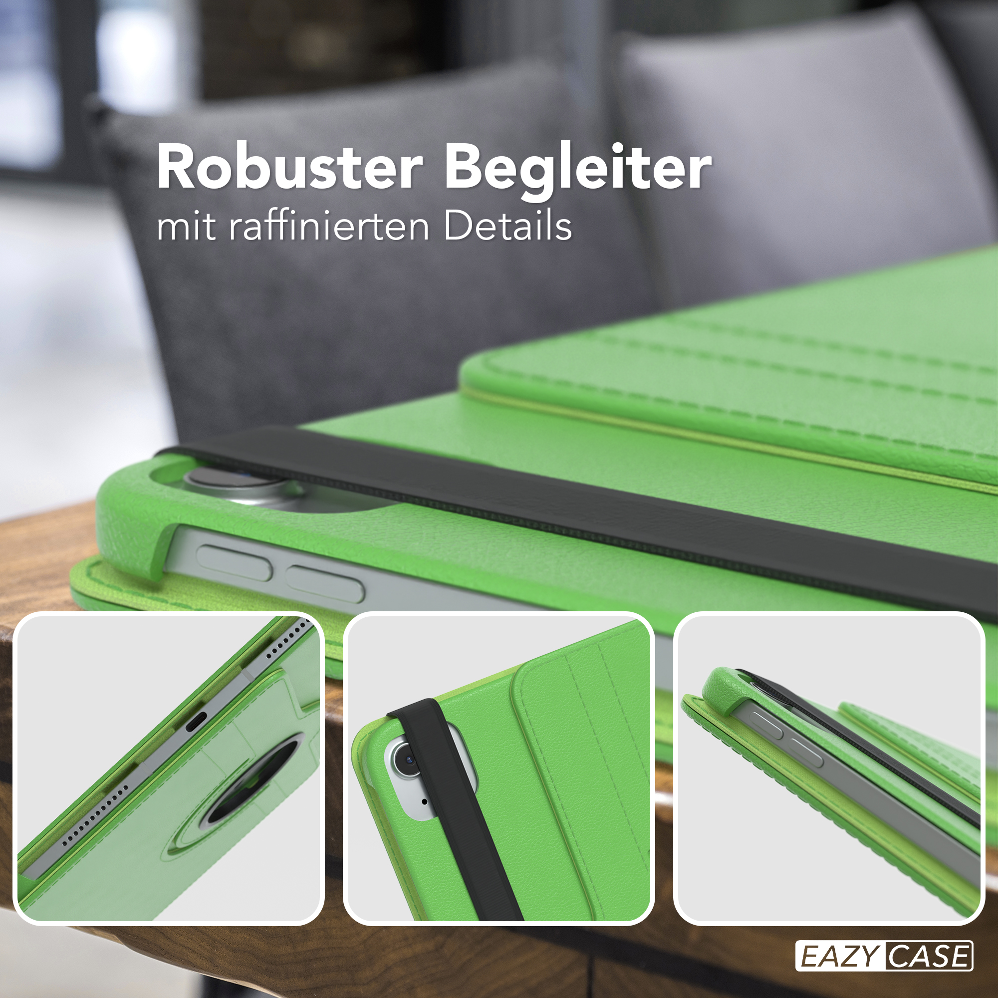 Nahaufnahme einer grünen iPad-Hülle mit schwarzem Riemen, mit Detailaufnahmen der Hülle.