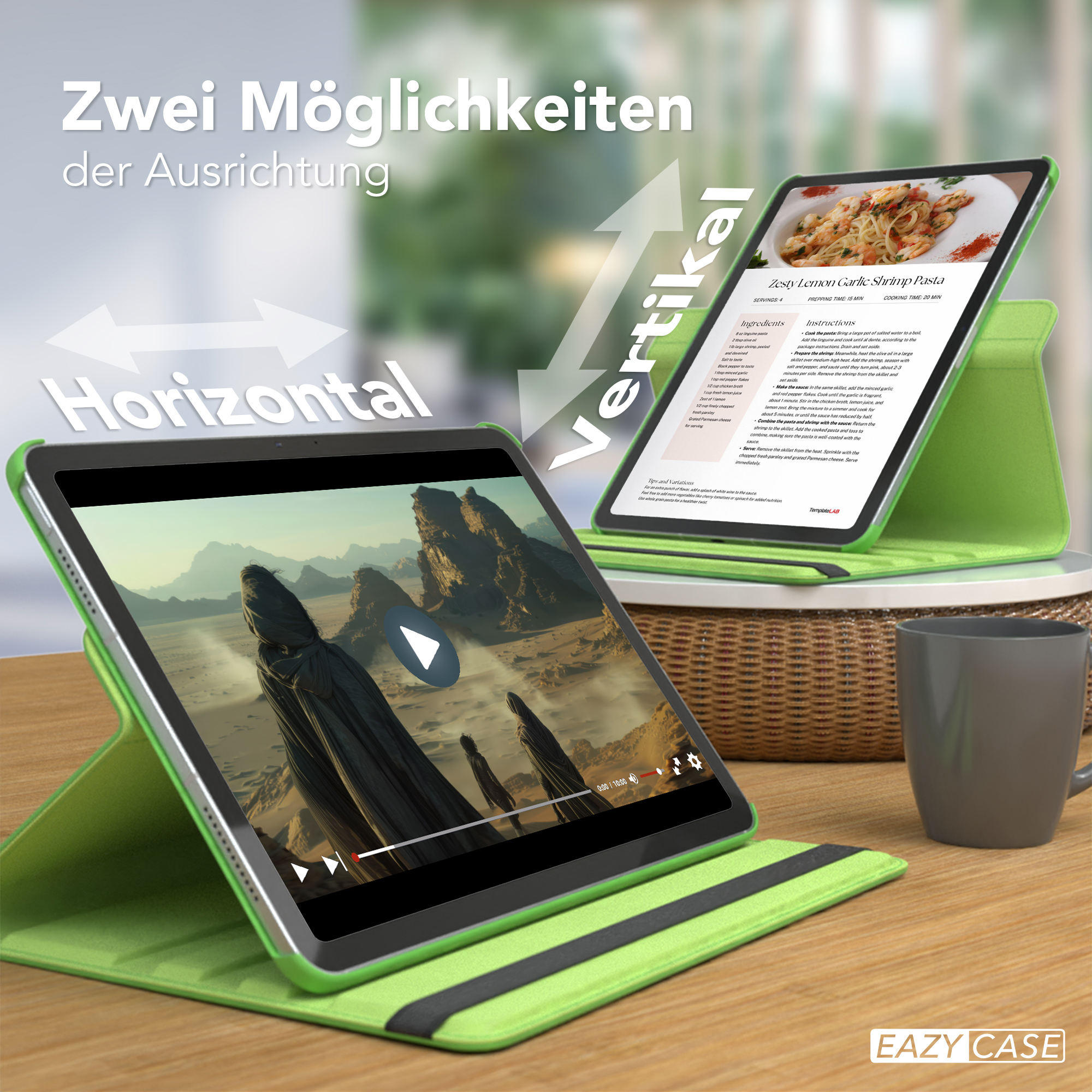 Tablets mit Videos und Rezepten, horizontal und vertikal positioniert.