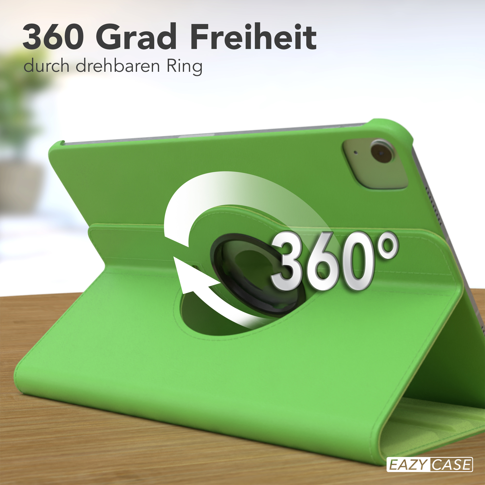 Grüne Tablet-Hülle mit drehbarem Ring und 360-Grad-Grafik.
