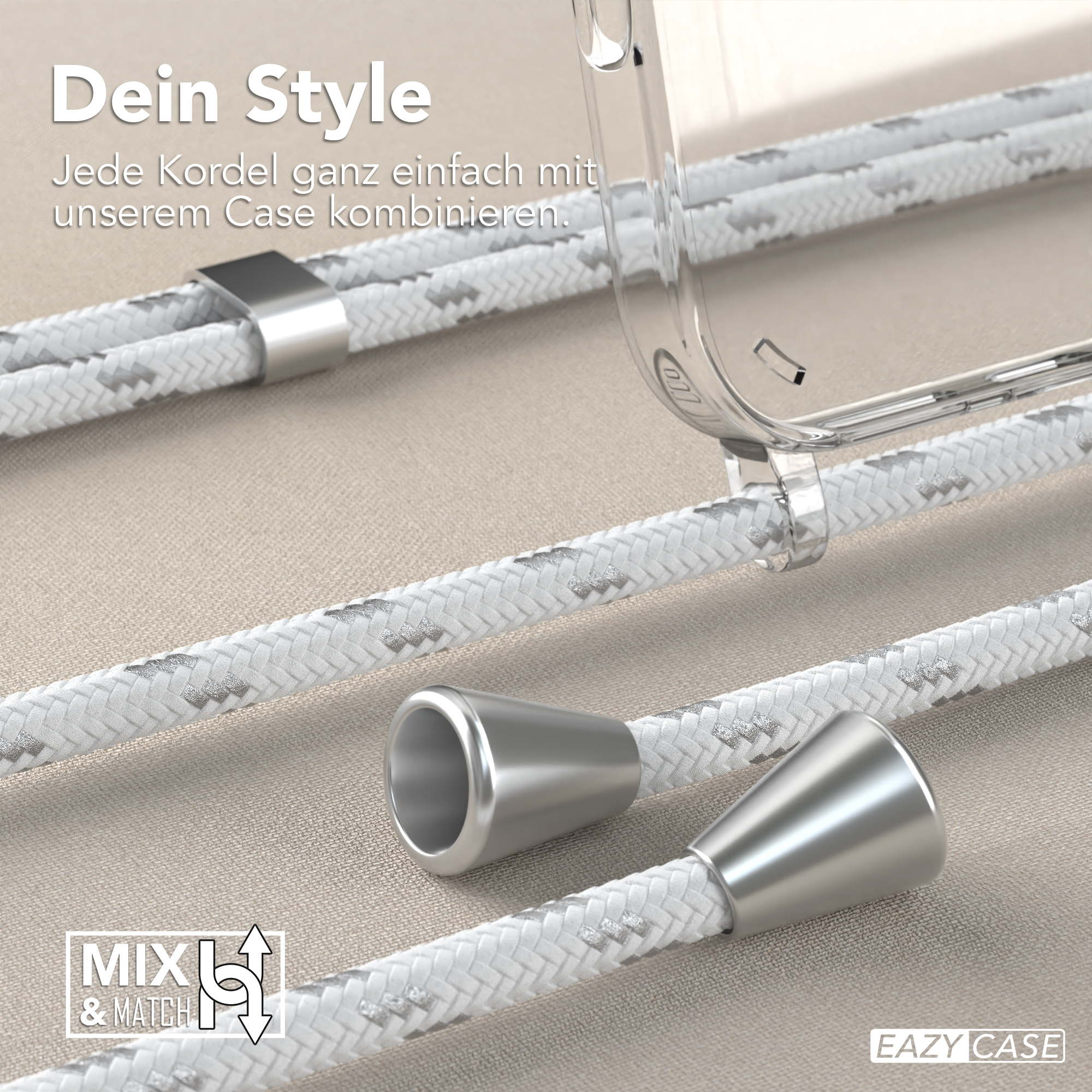 Weißes Handykabel und Hülle. Text auf Deutsch. Produktaufnahme auf neutralem Hintergrund.